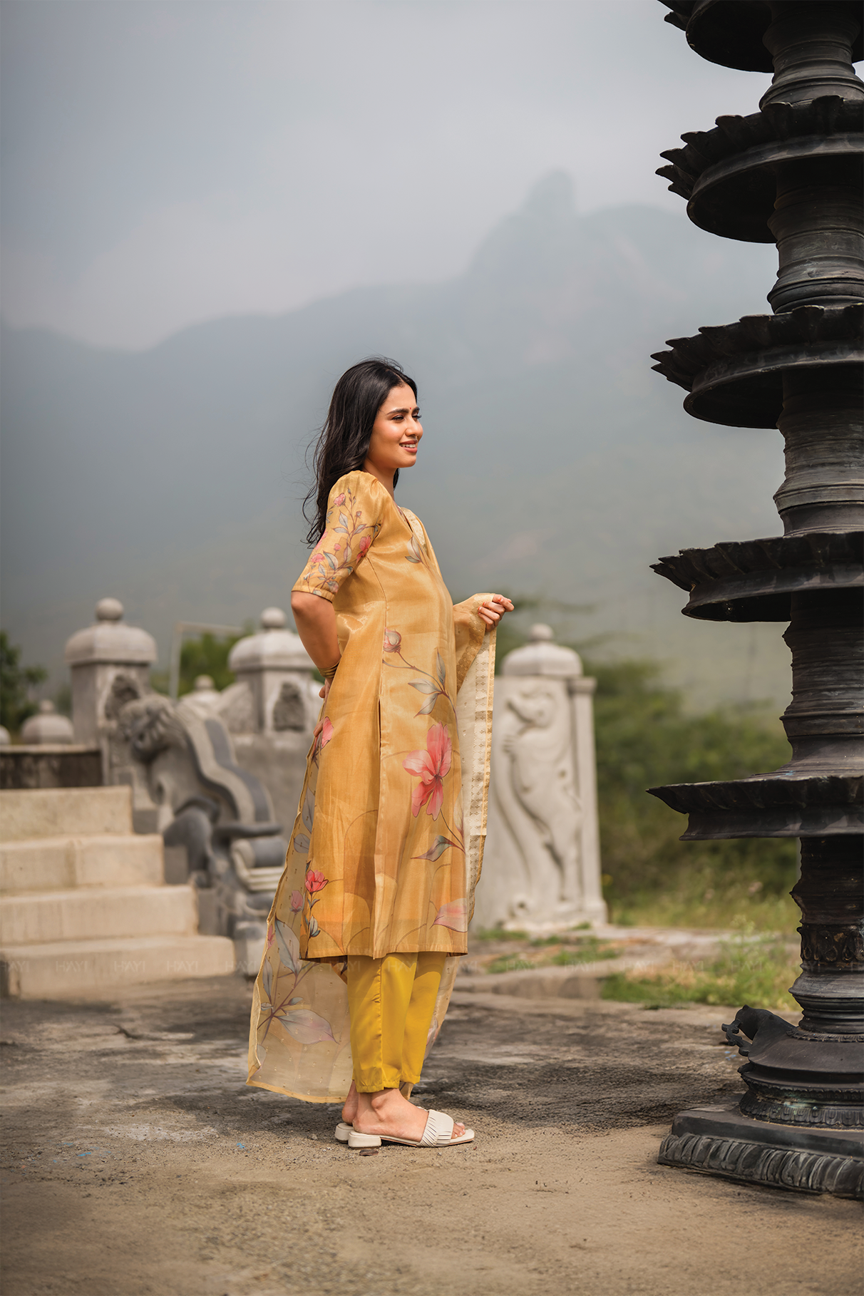 Floral Silkshine Yellow 3 Piece Shimmer Tissue Blend Floral Placement Printed Kurta with Pant &amp; Dupatta