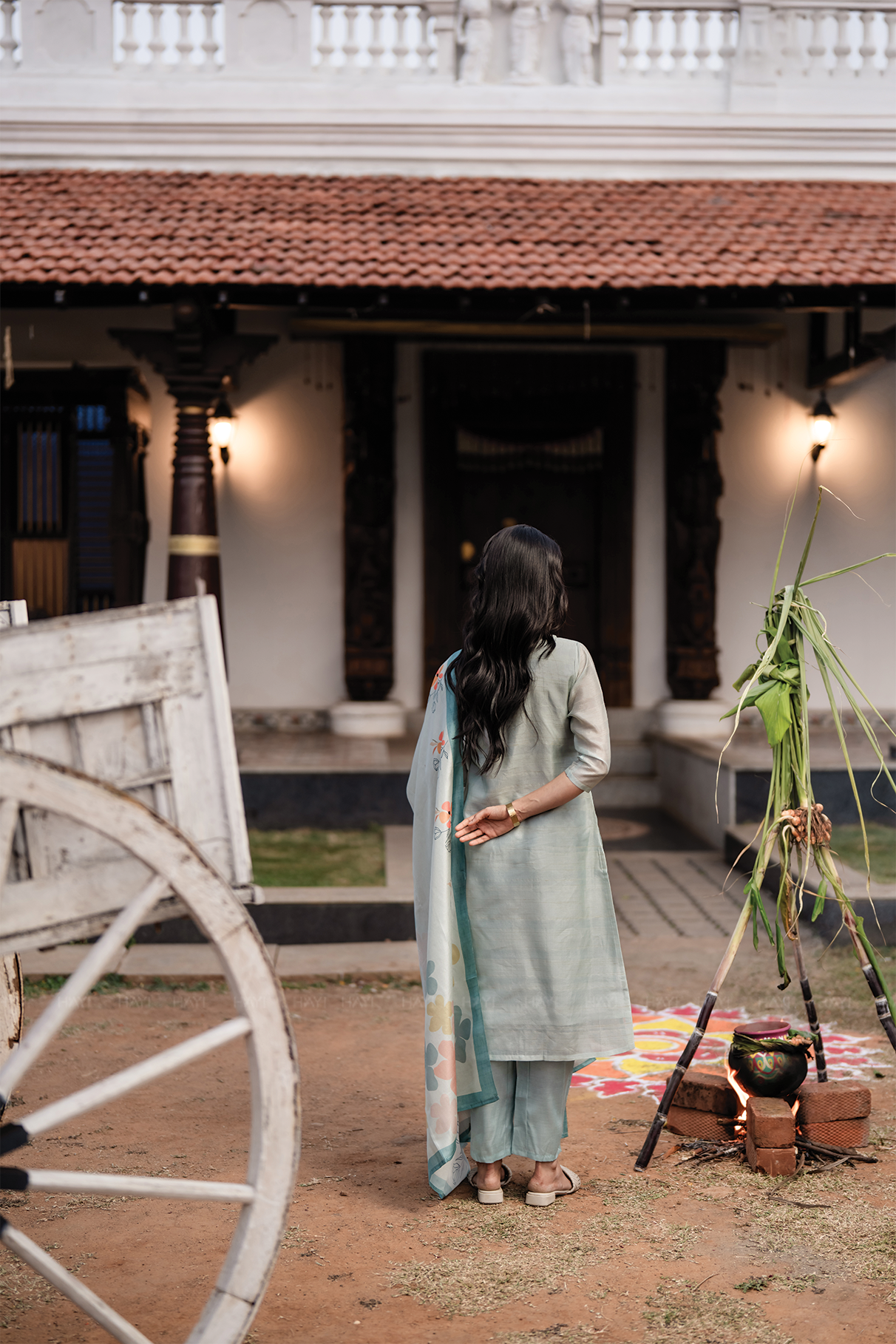 Blueish Blue 3 Piece Tussar Silk Blend Printed Hand-Embroidered Kurta with Pant &amp; Dupatta