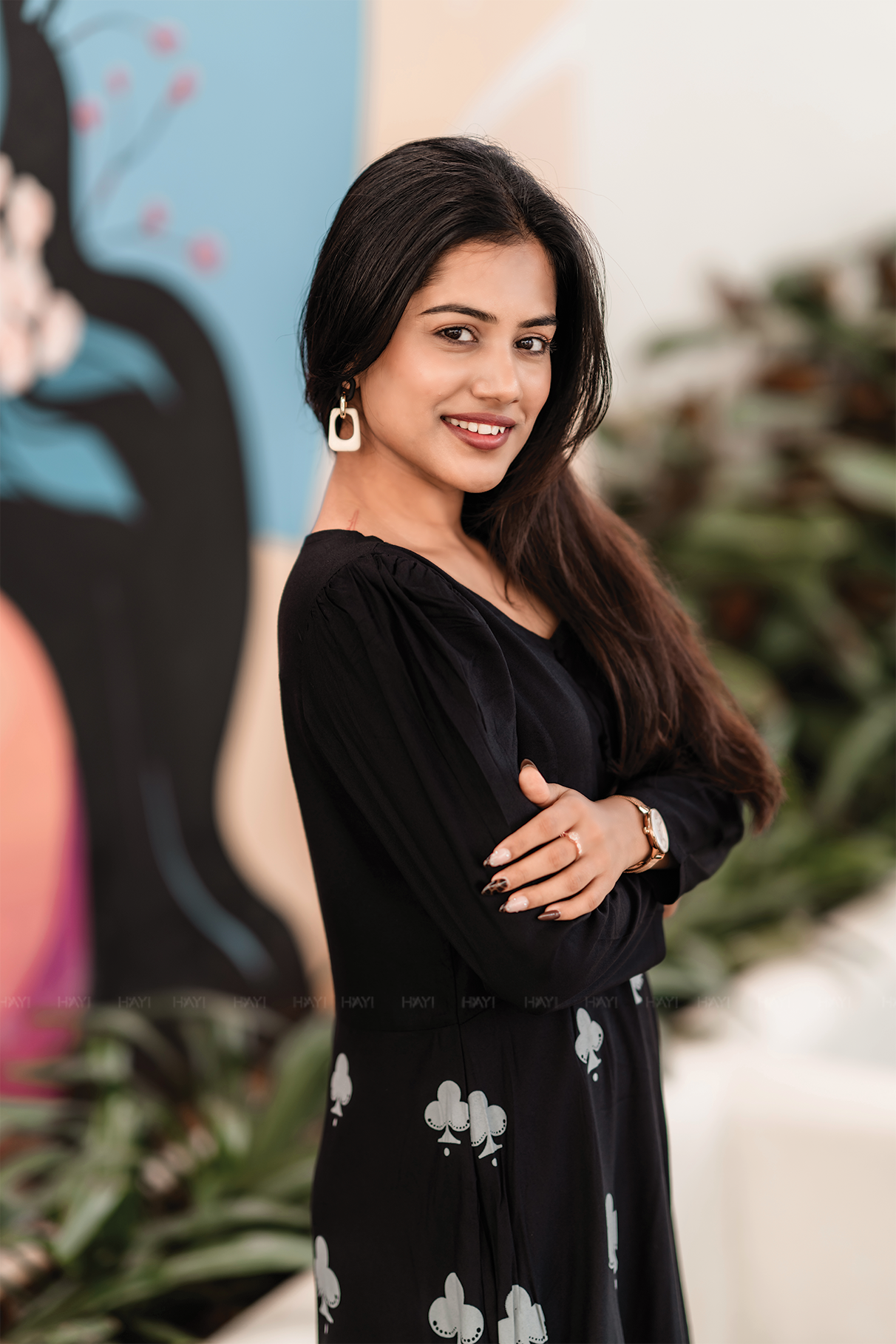 Clover Black Viscose Blend Dress with V-Neck and Light Puff Sleeves