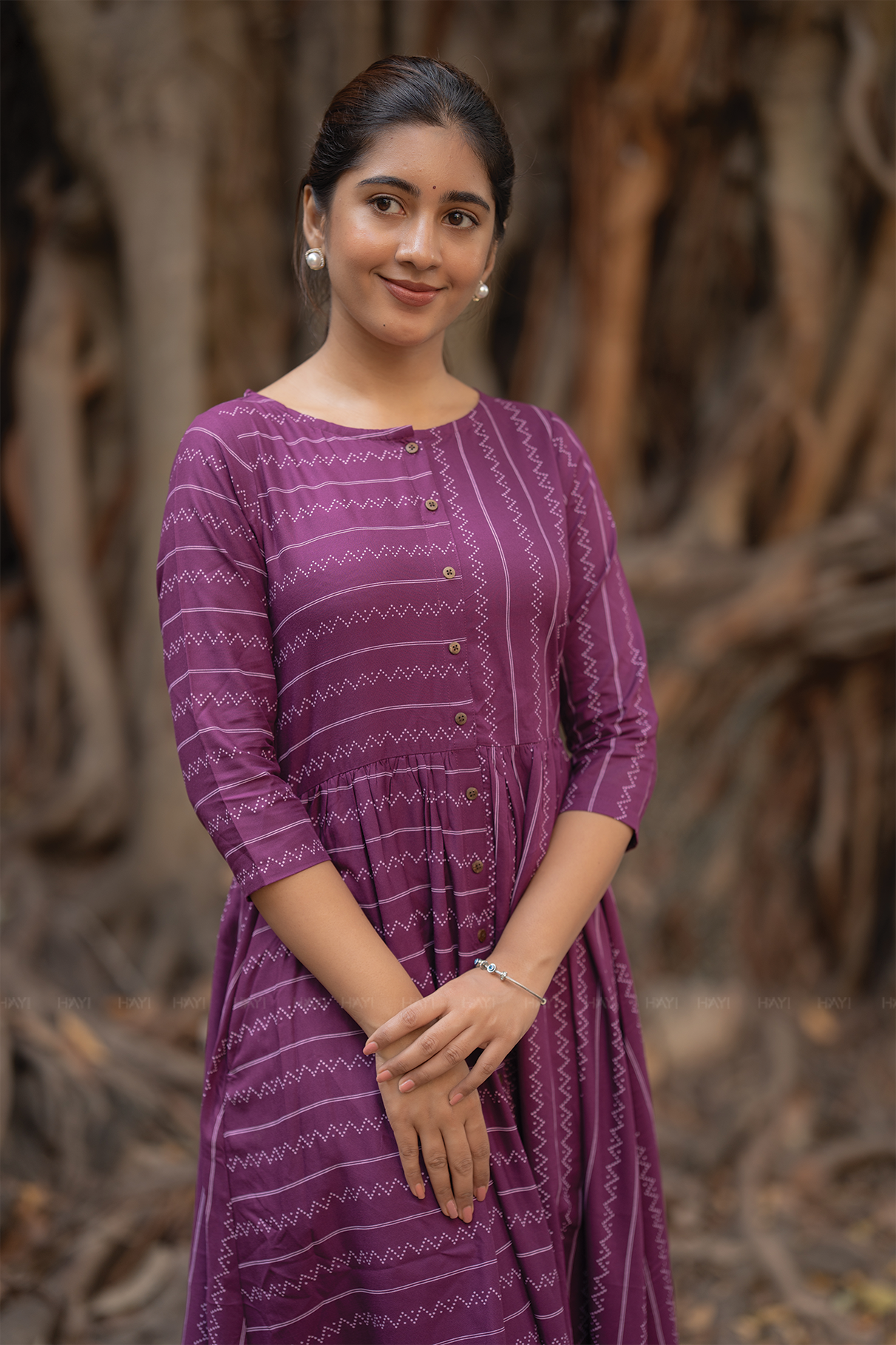 Grape Line Violet Viscose Dress with Boat Neck &amp; 3/4th Sleeves