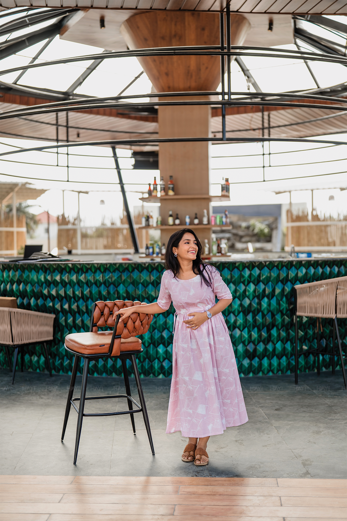 Soft Focus Light Pink Cotton Blend Dress with Round Neck &amp; Fabric Rope Tie