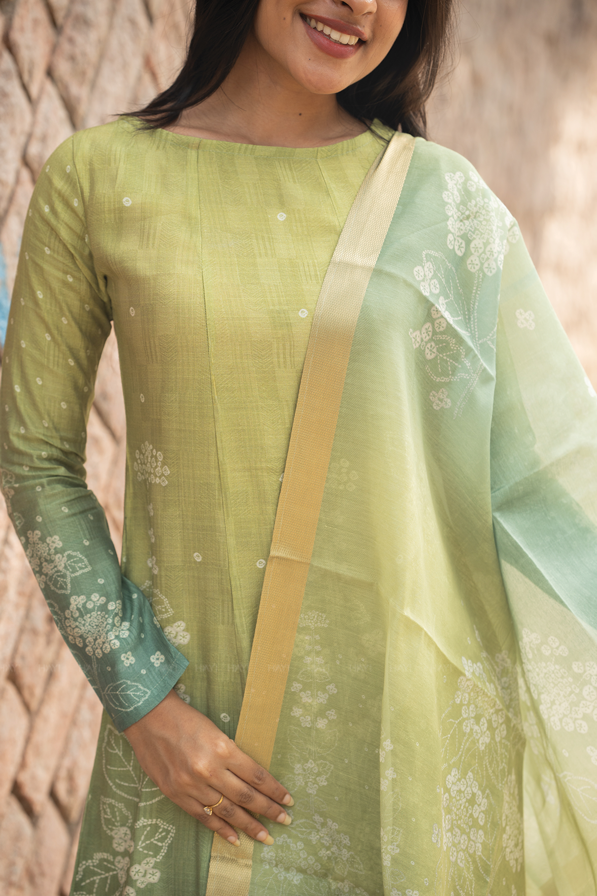 Pistachio Petal Printed 2 Piece Bombay Silk Blend Kurta with Dupatta