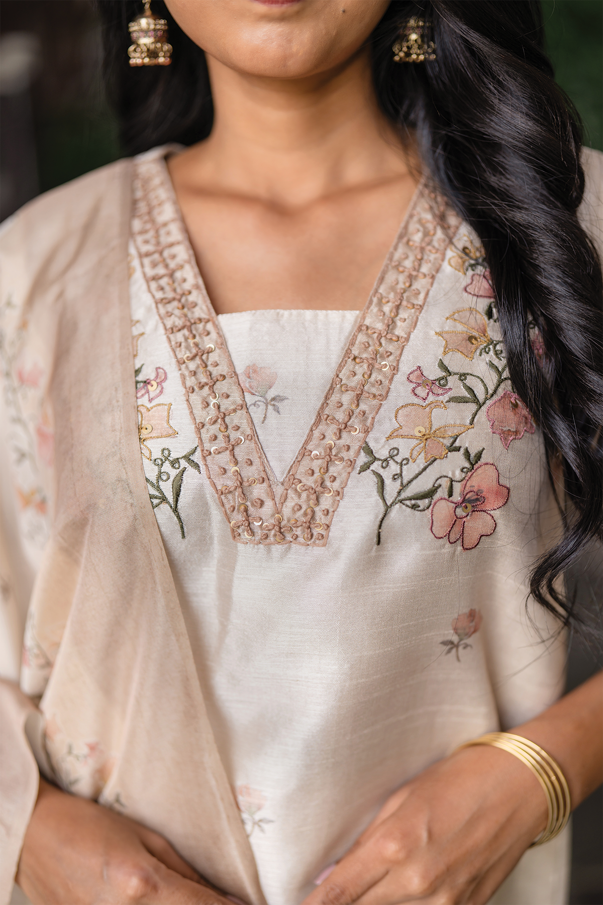 Ivory Grace Embroidered &amp; Printed 3 Piece Tussar Silk Blend Kurti Set with Dupatta