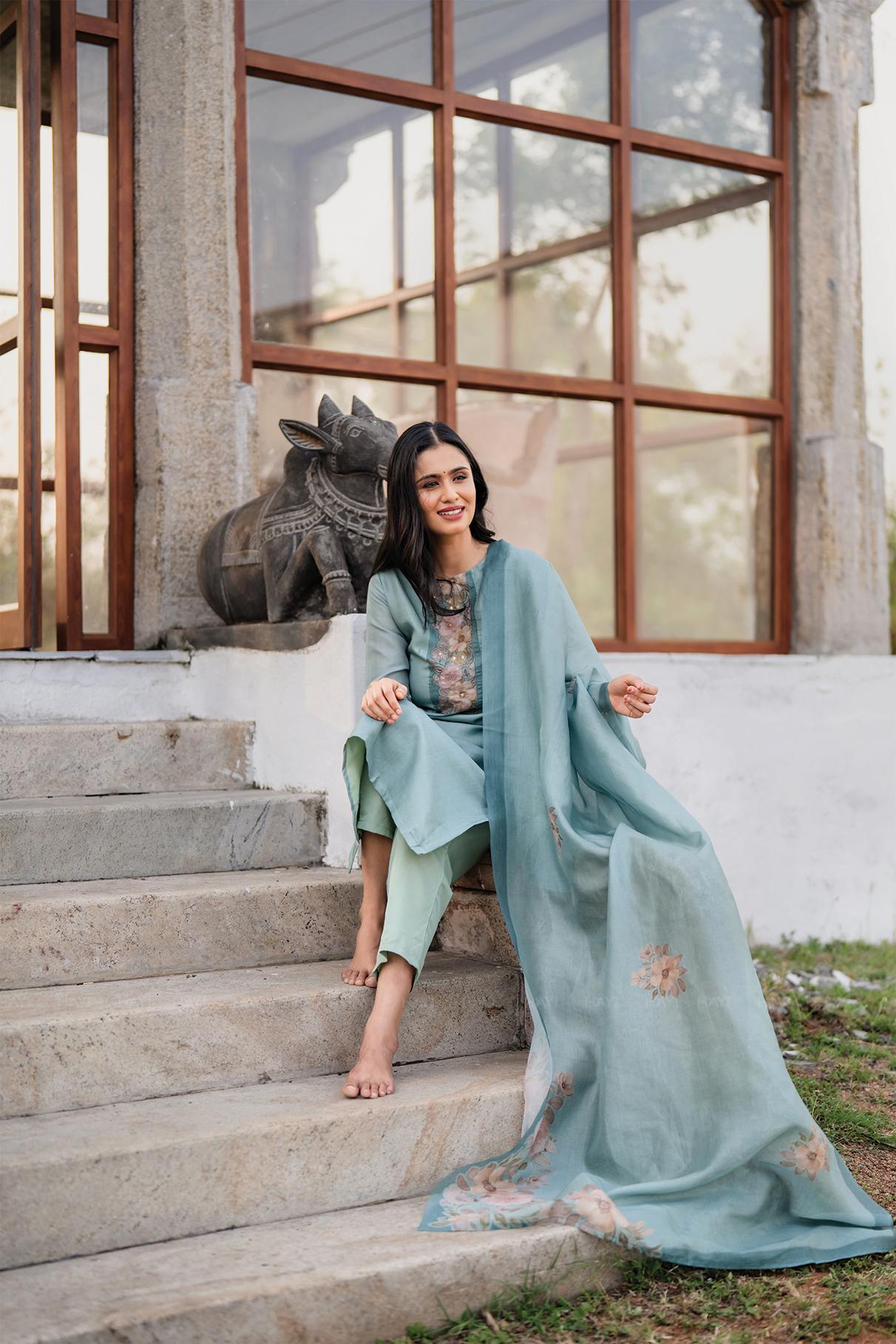 Rustic Charm Green 3 Piece Shimmer Tissue Blend Embroidered &amp; Printed Kurta with Pant &amp; Dupatta