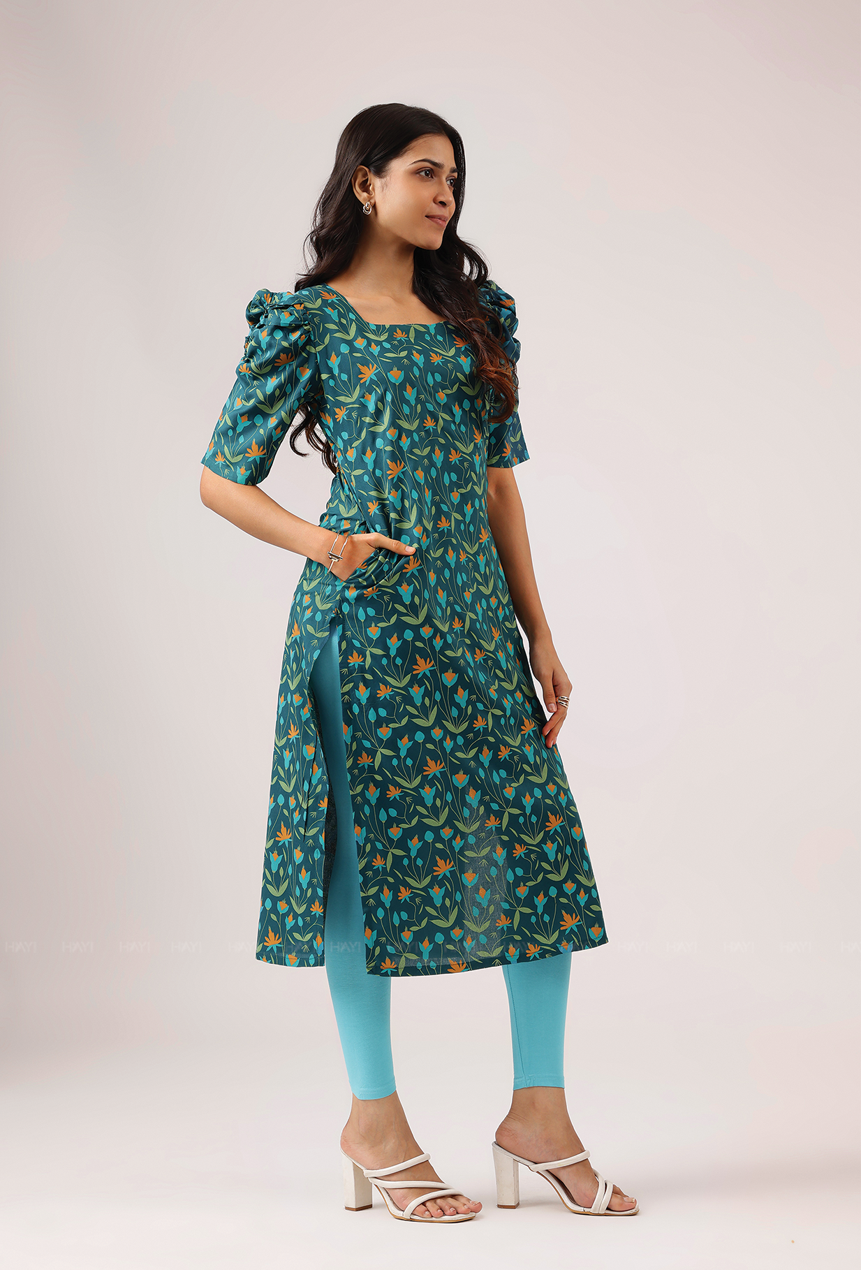 Rouge Teal Green with Evergreen Bloom floral printed Viscose Kurta