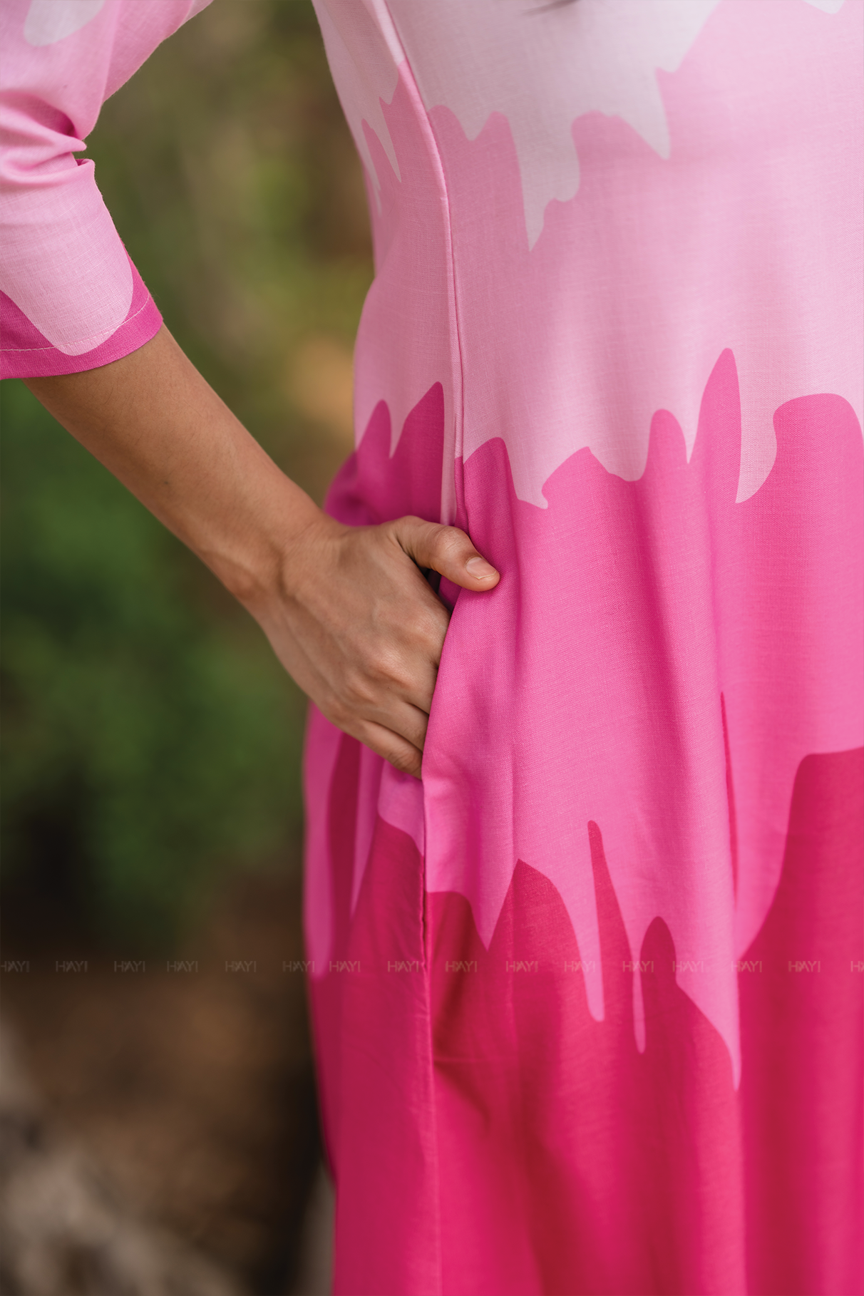 Blush Cascade Pink Linen Blend Dress with Boat neck &amp; Digital Placement Print