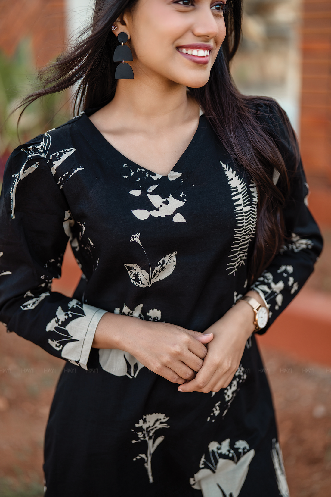 Fogblush Black Cotton Blend Co-ord with V-Neck &amp; Light Puff Sleeves