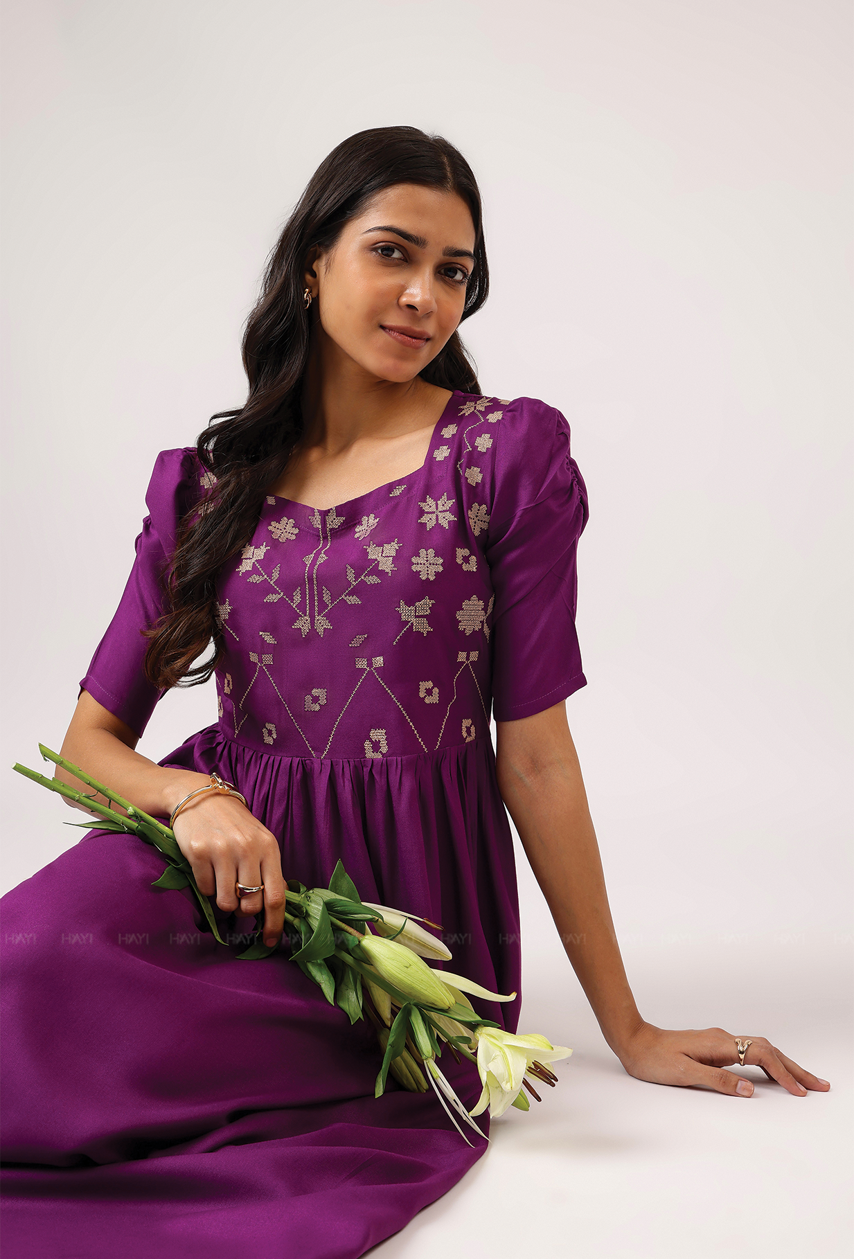 Plum Royal with floral printed Viscose Dress