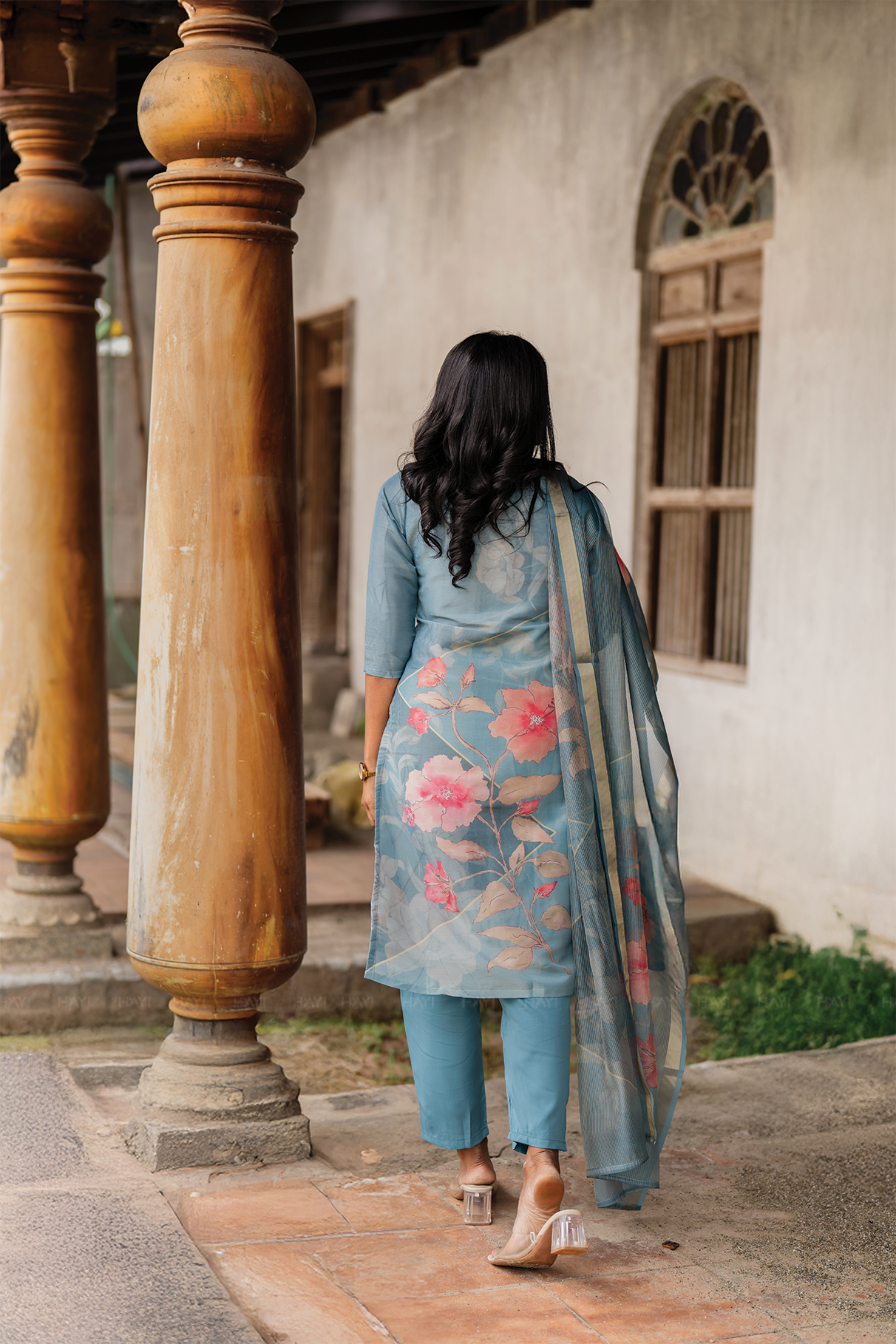 Blush Horizon Blue 3 Piece Shimmer Tissue Blend Floral Placement Print Kurta with Pant &amp; Dupatta