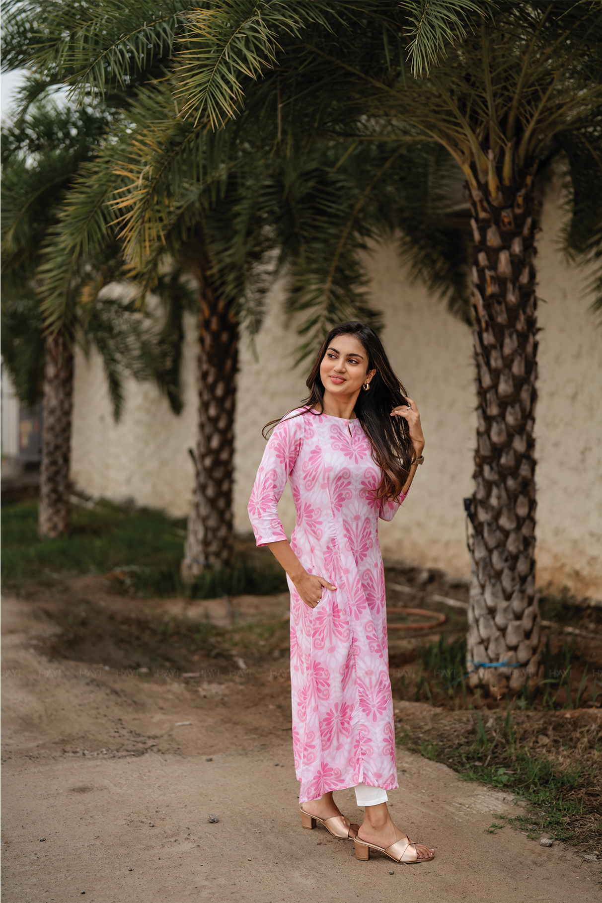 Blush Pink Textured Viscose A-Line Kurta with Boat Neck &amp; 3/4th Sleeves