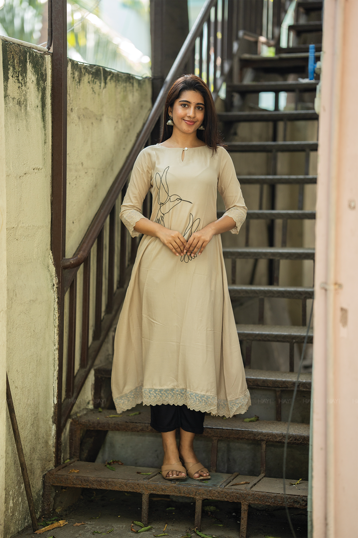 Nira Feather Beige Viscose Embroidered A-Line Kurta with Boat Neck and 3/4 Sleeves