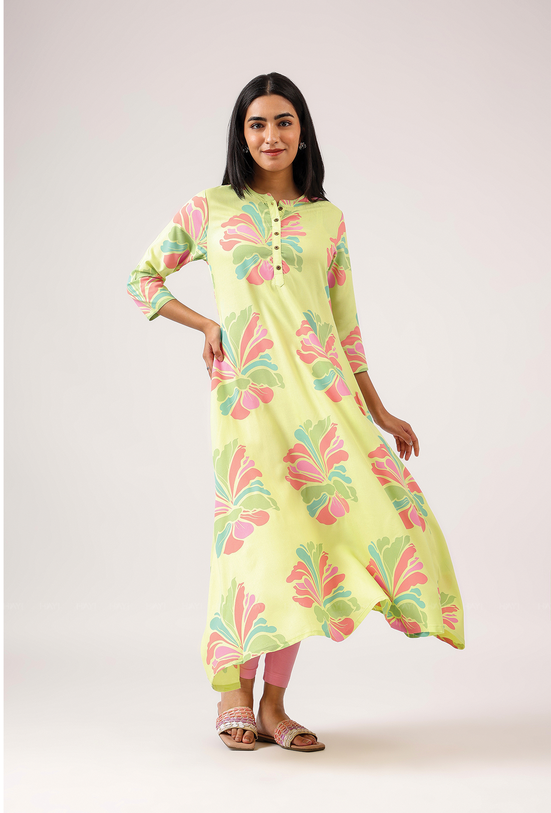 Gentle Lime with Blush Breeze printed Viscose Dress
