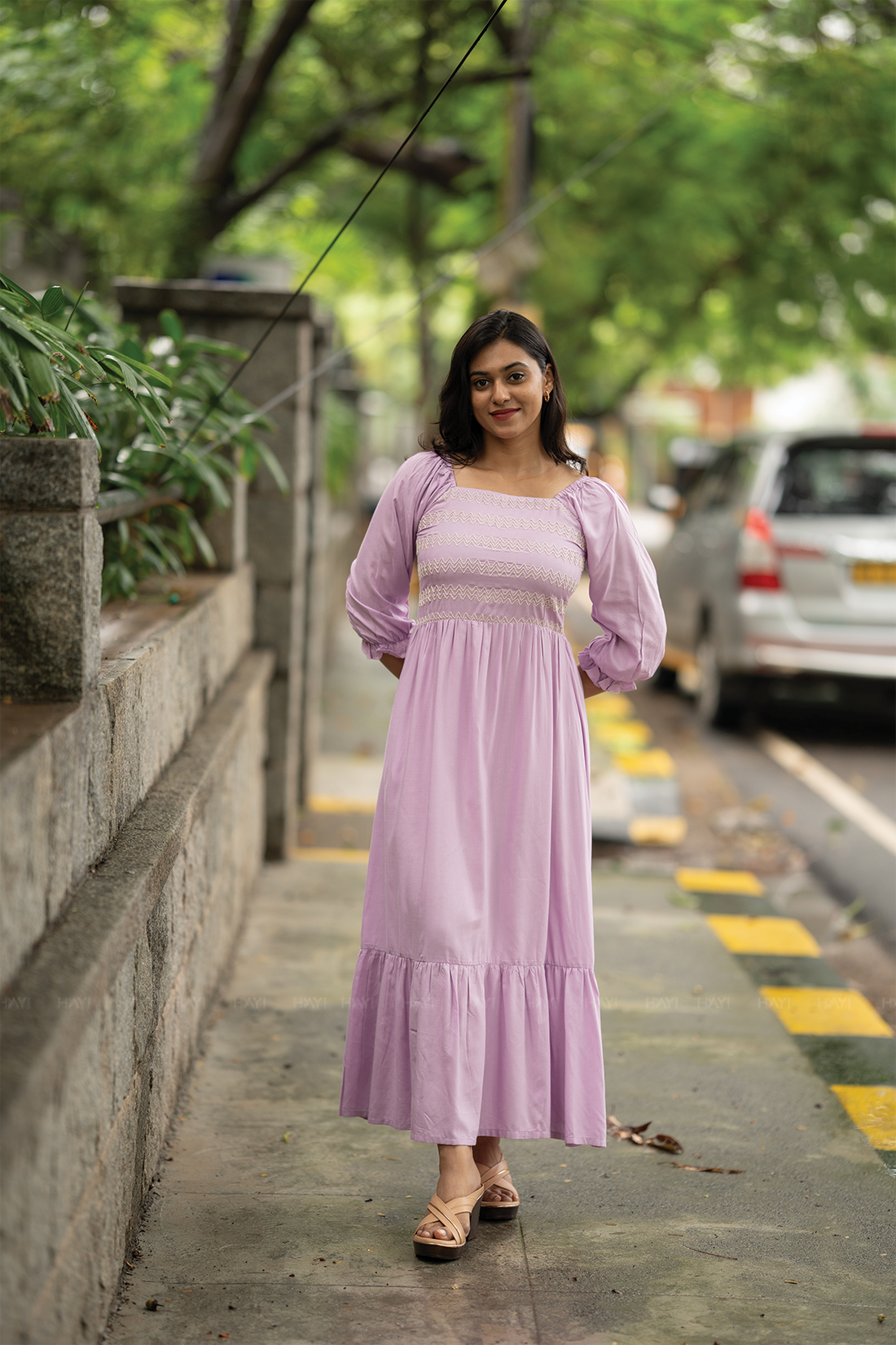 Lavender Fantasy Viscose Dress with Shoulder Elastic &amp; Embroidery