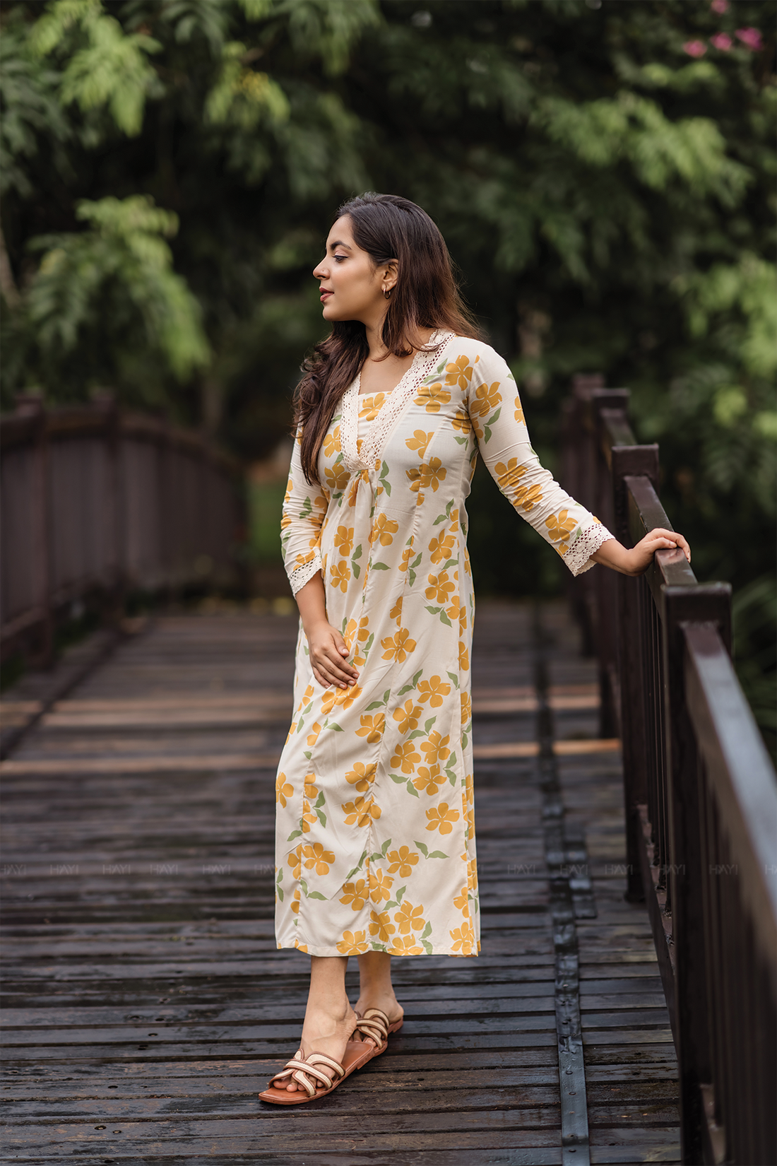 Sunpetal Bloom Beige Viscose Dress with V-Neck &amp; Lace