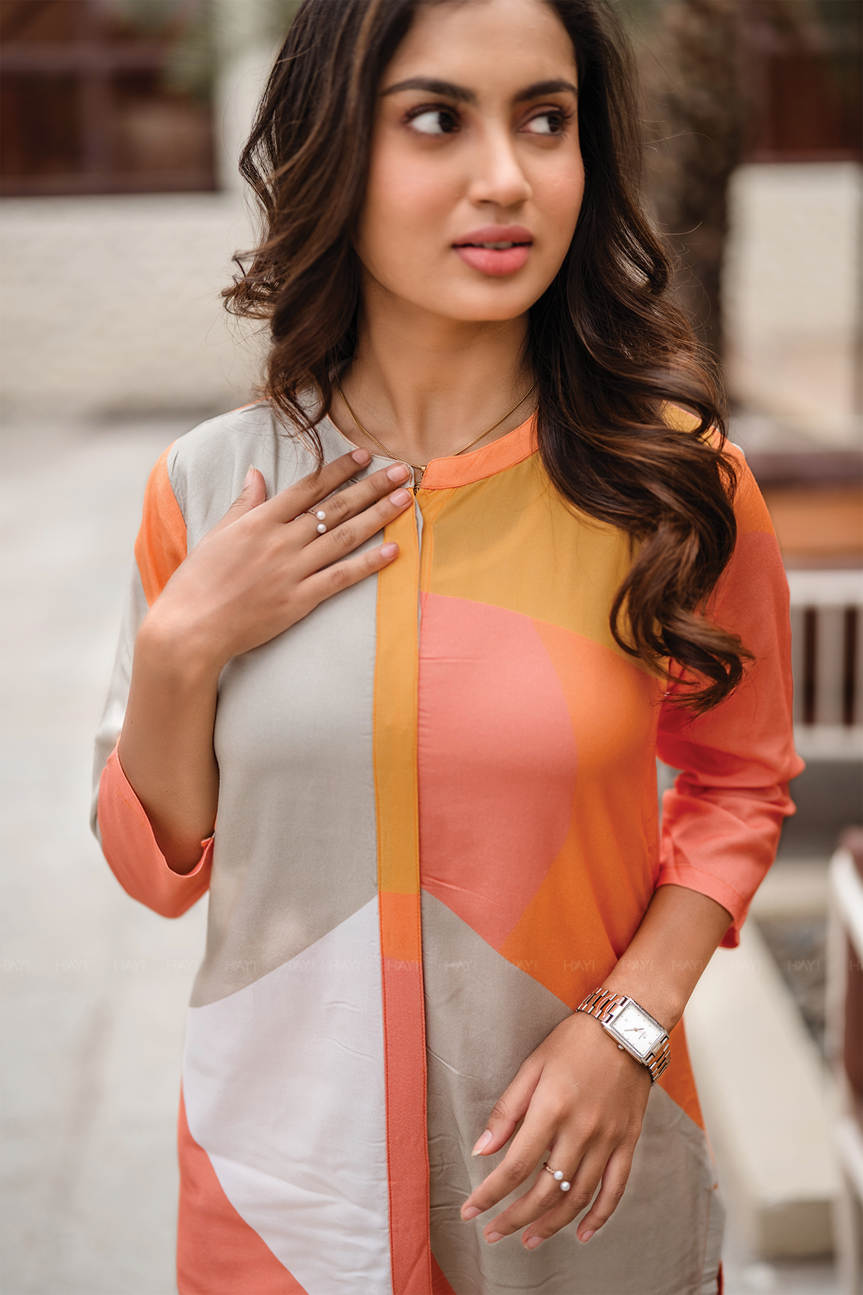 Rustic Rhythm Beige Viscose Co-ord with Chinese Collar &amp; 3/4th Sleeves