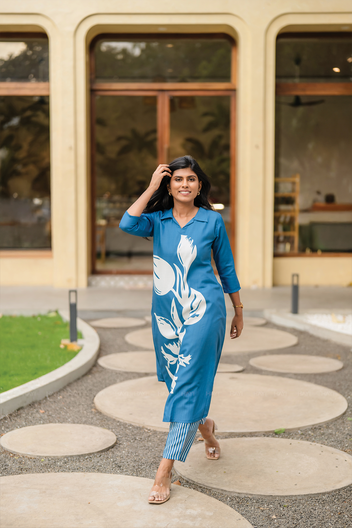 Moonbloom Stride Blue Linen Blend A-Line Kurta Set with Shirt Collar &amp; Placement Print