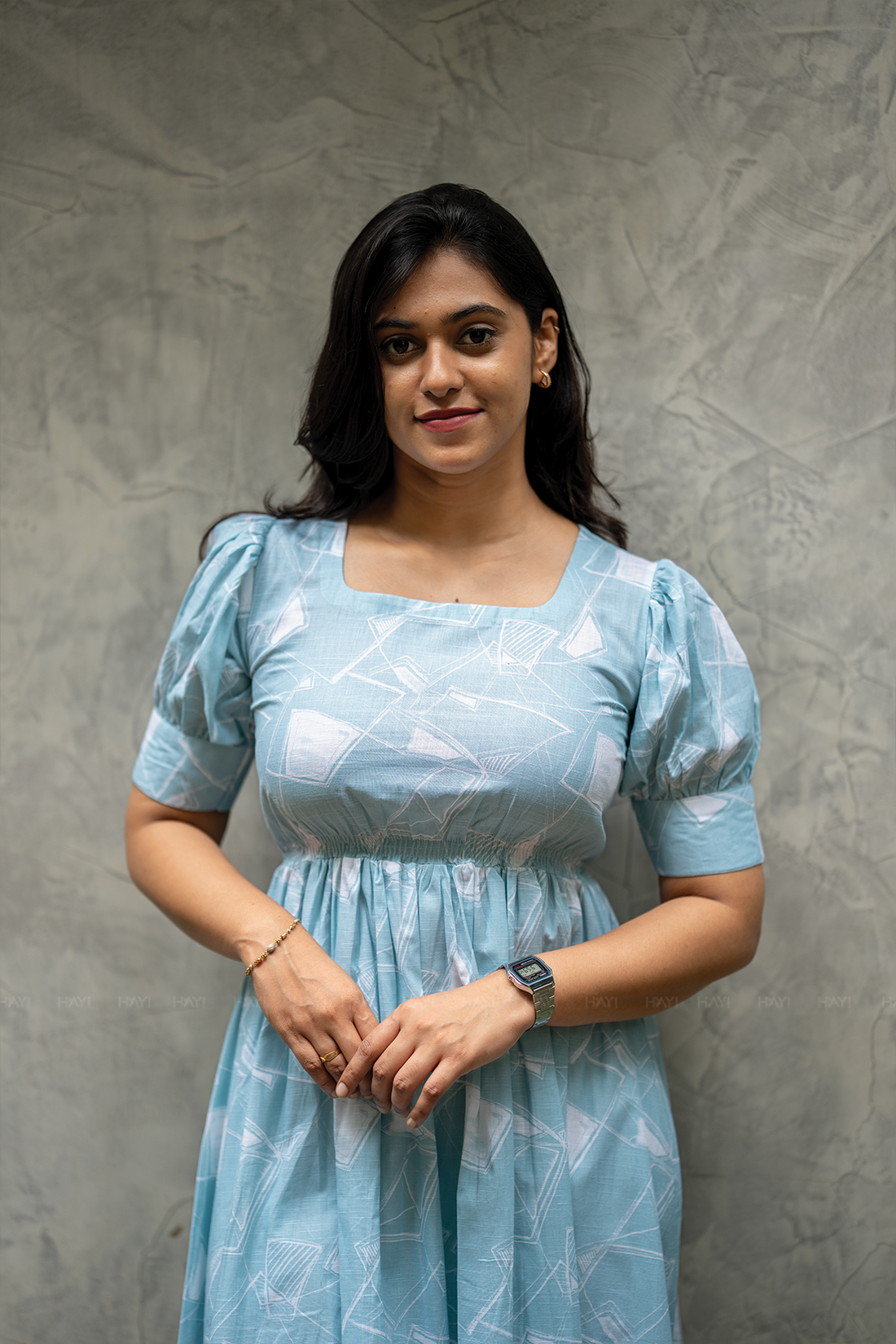 Petal Puff Blue Cotton Dress with Rounded Square Neck &amp; Puff Elbow Sleeves