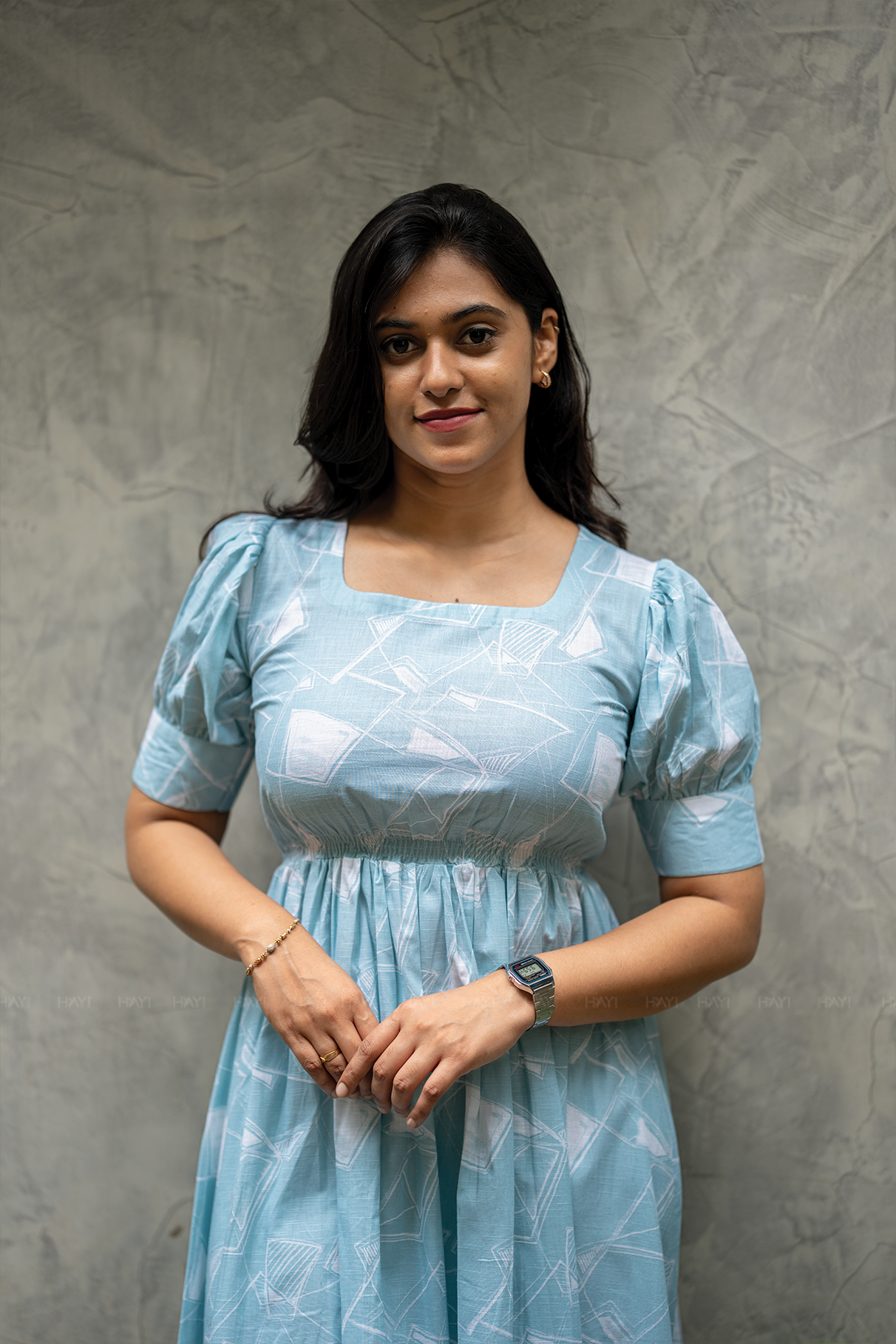 Petal Puff Blue Cotton Dress with Rounded Square Neck &amp; Puff Elbow Sleeves