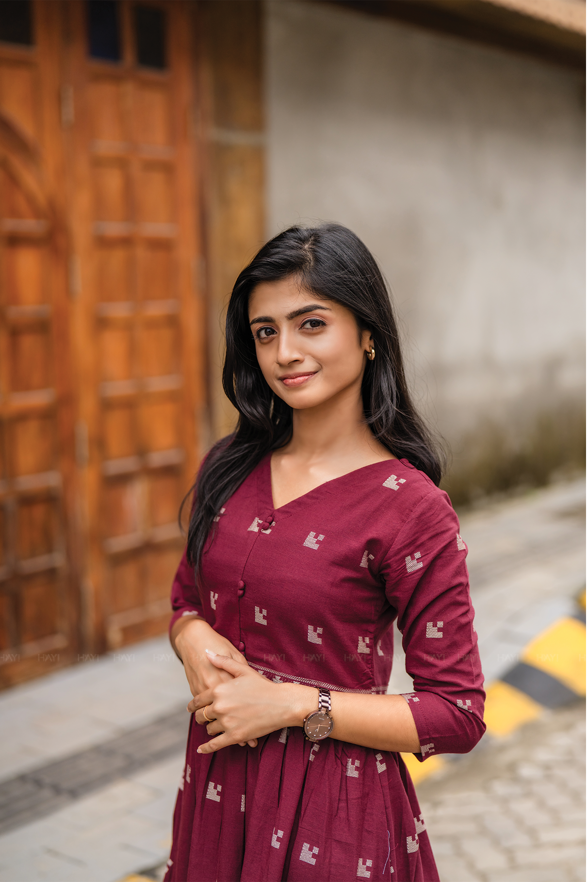 Rosebud Pink Handloom Dress with Straight V-Neck &amp; 3/4 Sleeves