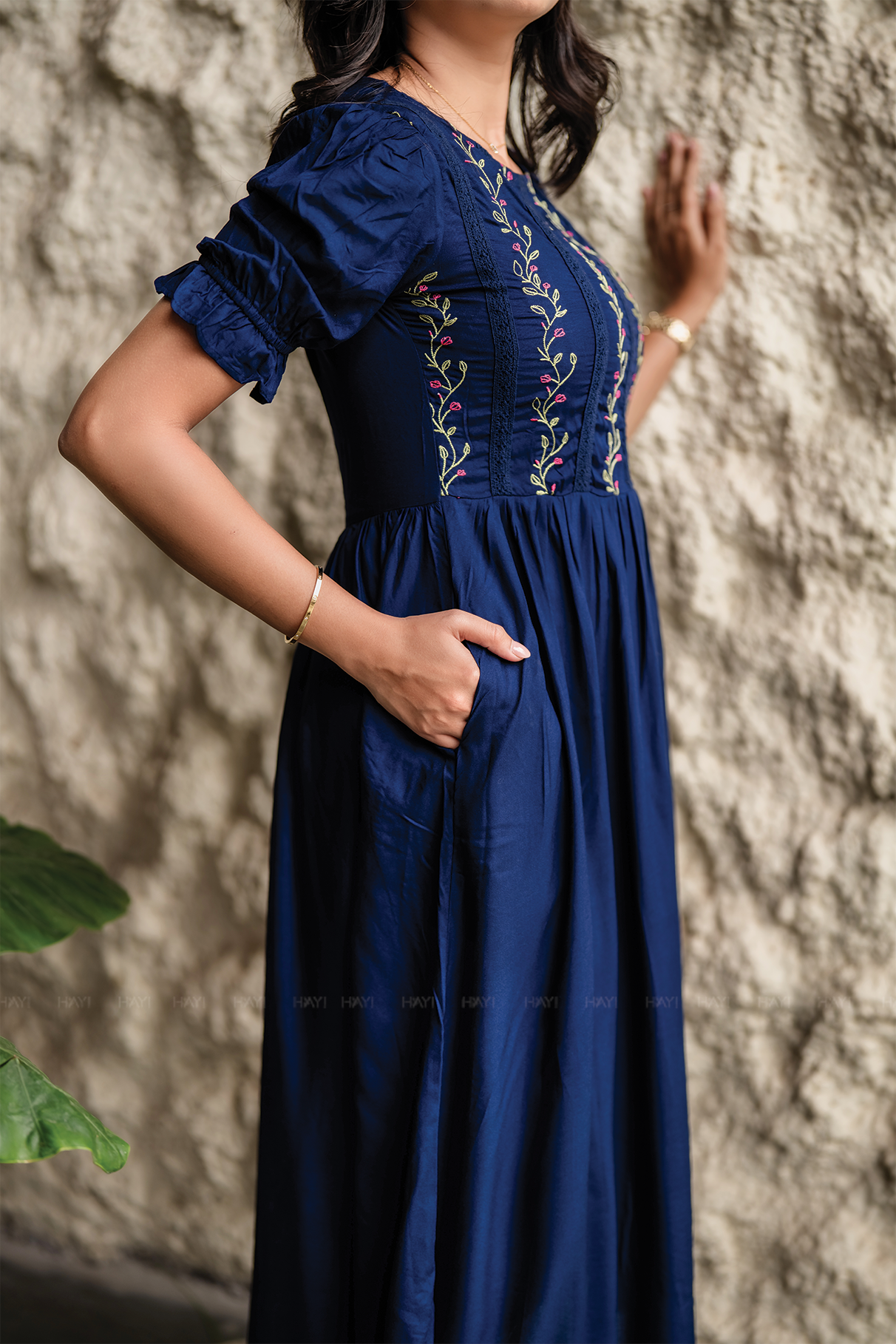 Rosevine Whisper Navy Embroidered Viscose Dress with Boat Neck &amp; Elbow-Length Puff Sleeves