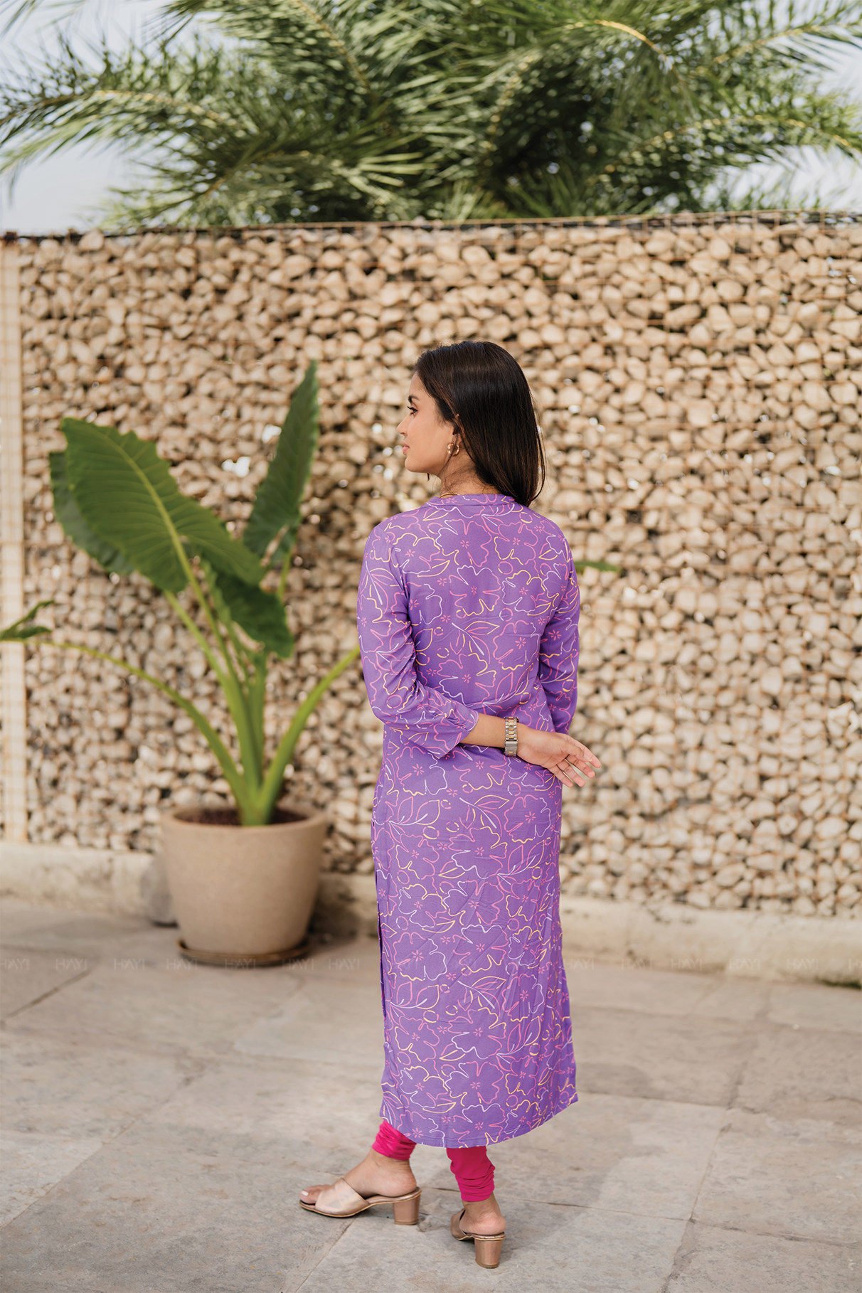 Floral Boodle Violet Viscose Kurti with Chinese Neck &amp; 3/4 Sleeves