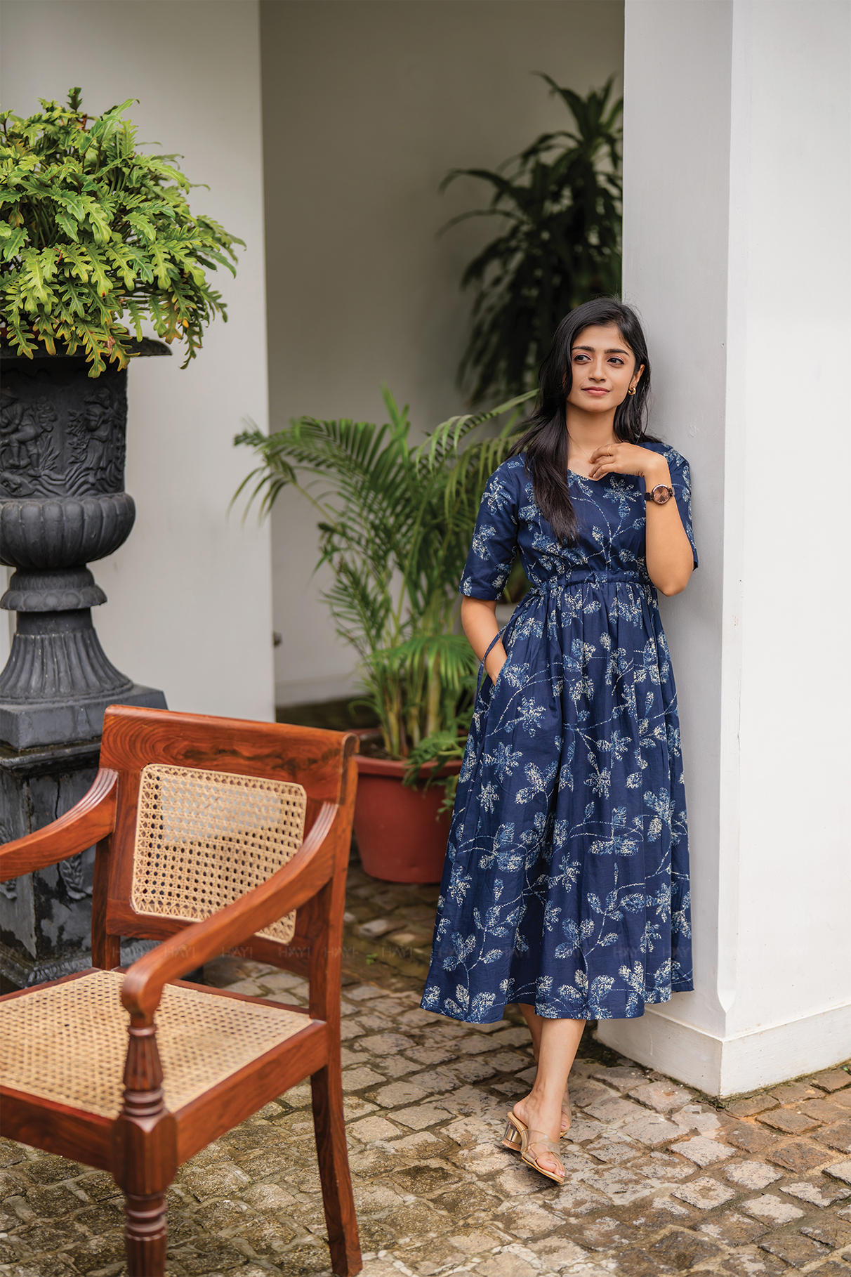 Floralia Blue Cotton Dress with V-Neck &amp; Fabric Rope Detail