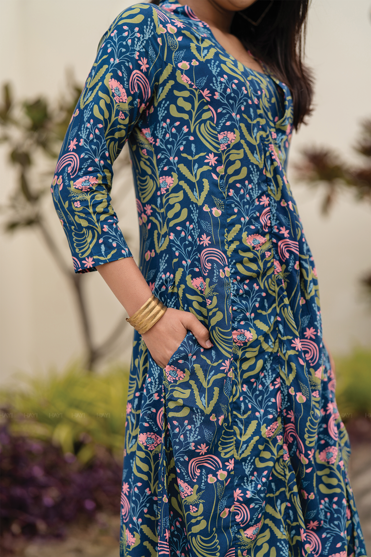 Verdant Muse Blue Viscose A-Line Kurta with V-Neck &amp; 3/4 Sleeves