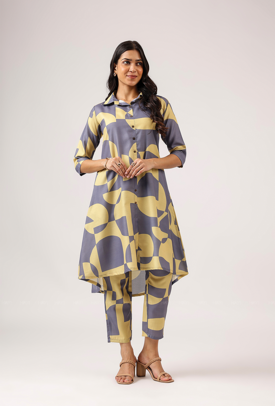 Rhythmic Gray with Vivid Harmony printed Linen Blend Dress