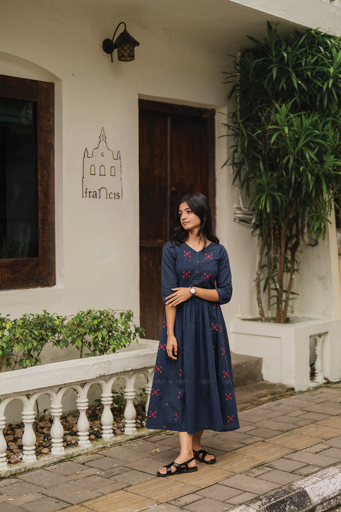 Smoke wood Gray Handloom Dress with V-Neck &amp; Elbow Sleeves