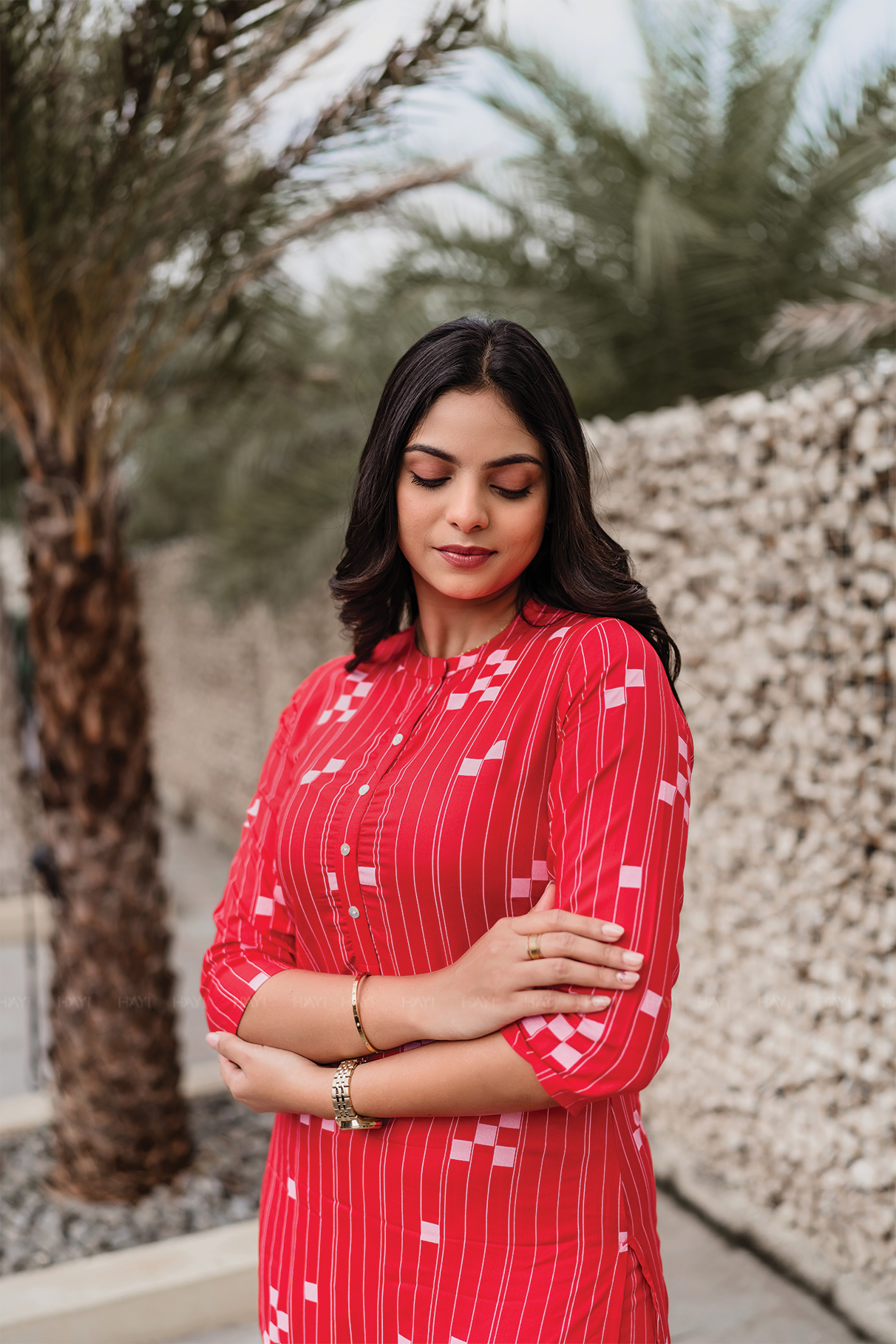 Blush Streak Red Viscose Co-ord with Chinese Collar &amp; 3/4th Sleeves