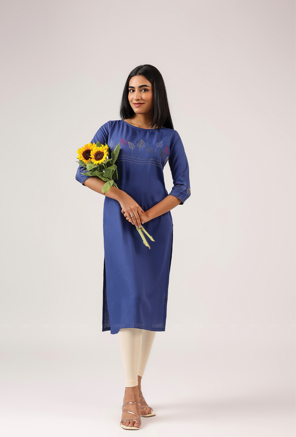 Drawn Blue with Ink Weave Leaf Embroidery Viscose Kurta
