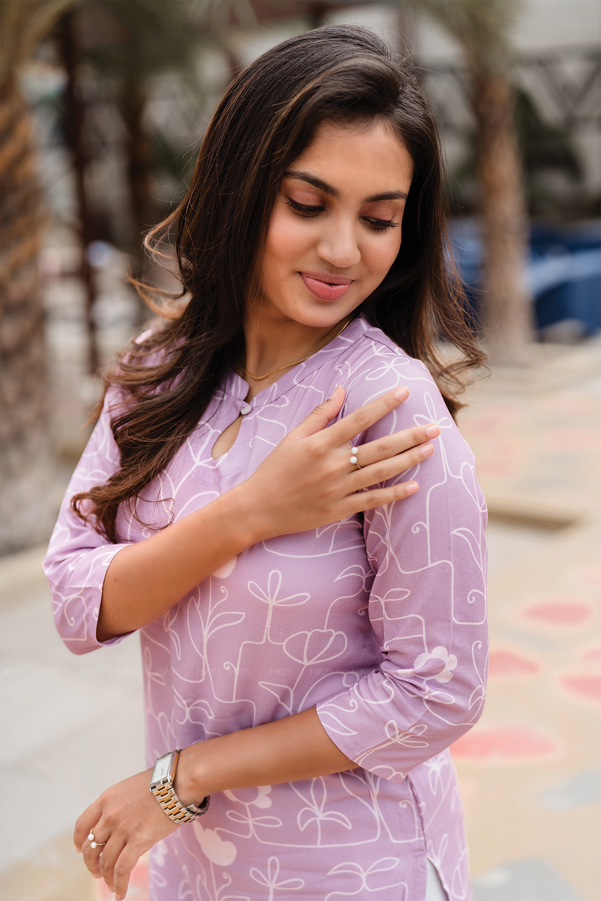 Floral Code Pink Viscose Kurti with Chinese neck with Keyhole &amp; 3/4th Sleeves