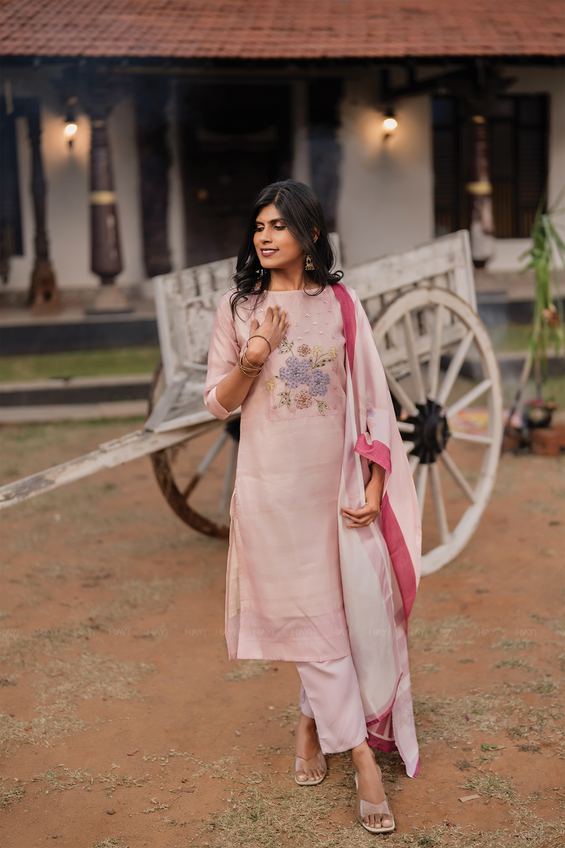 Rose Mist Light Pink 3 Piece Tussar Silk Blend Floral Embroidered &amp; Printed Kurta with Pant &amp; Dupatta