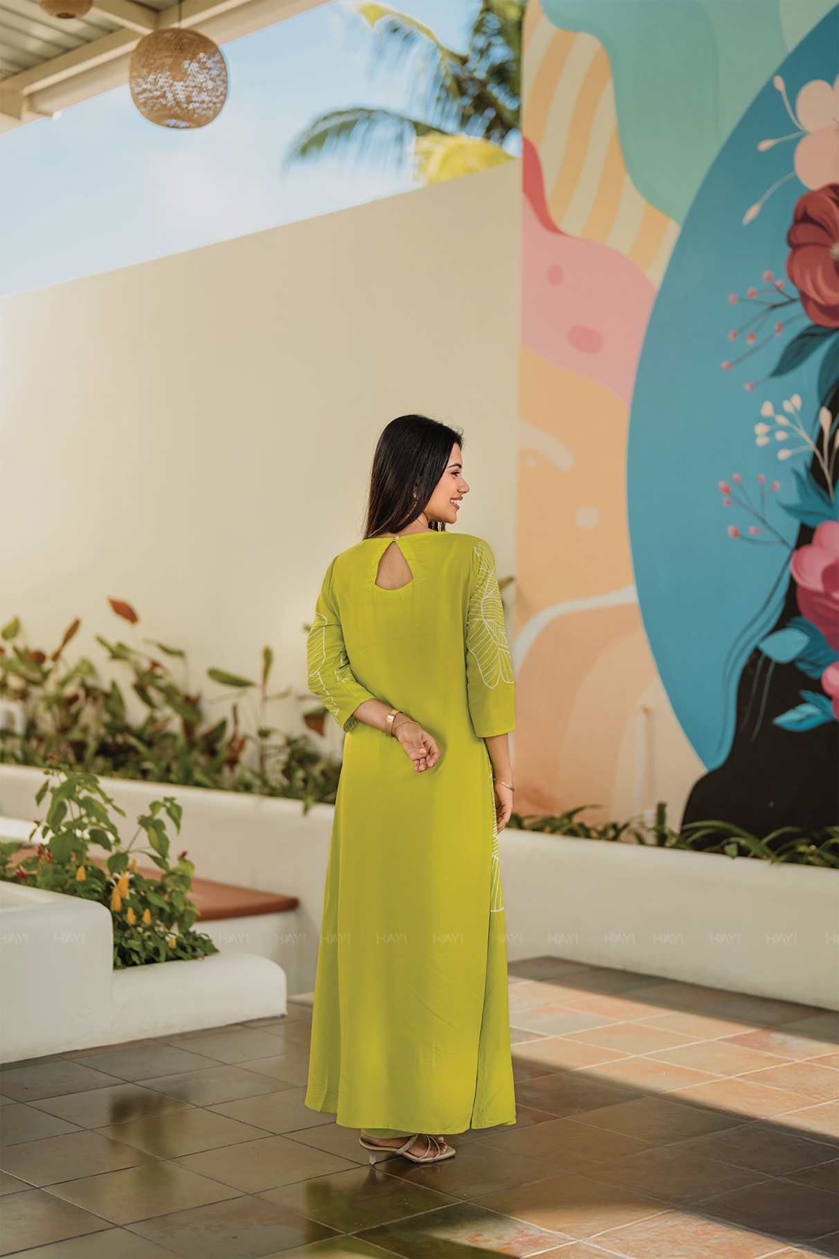 Leaf Light Charm Green Viscose Co-ord with Boat Neck &amp; 3/4th Sleeves