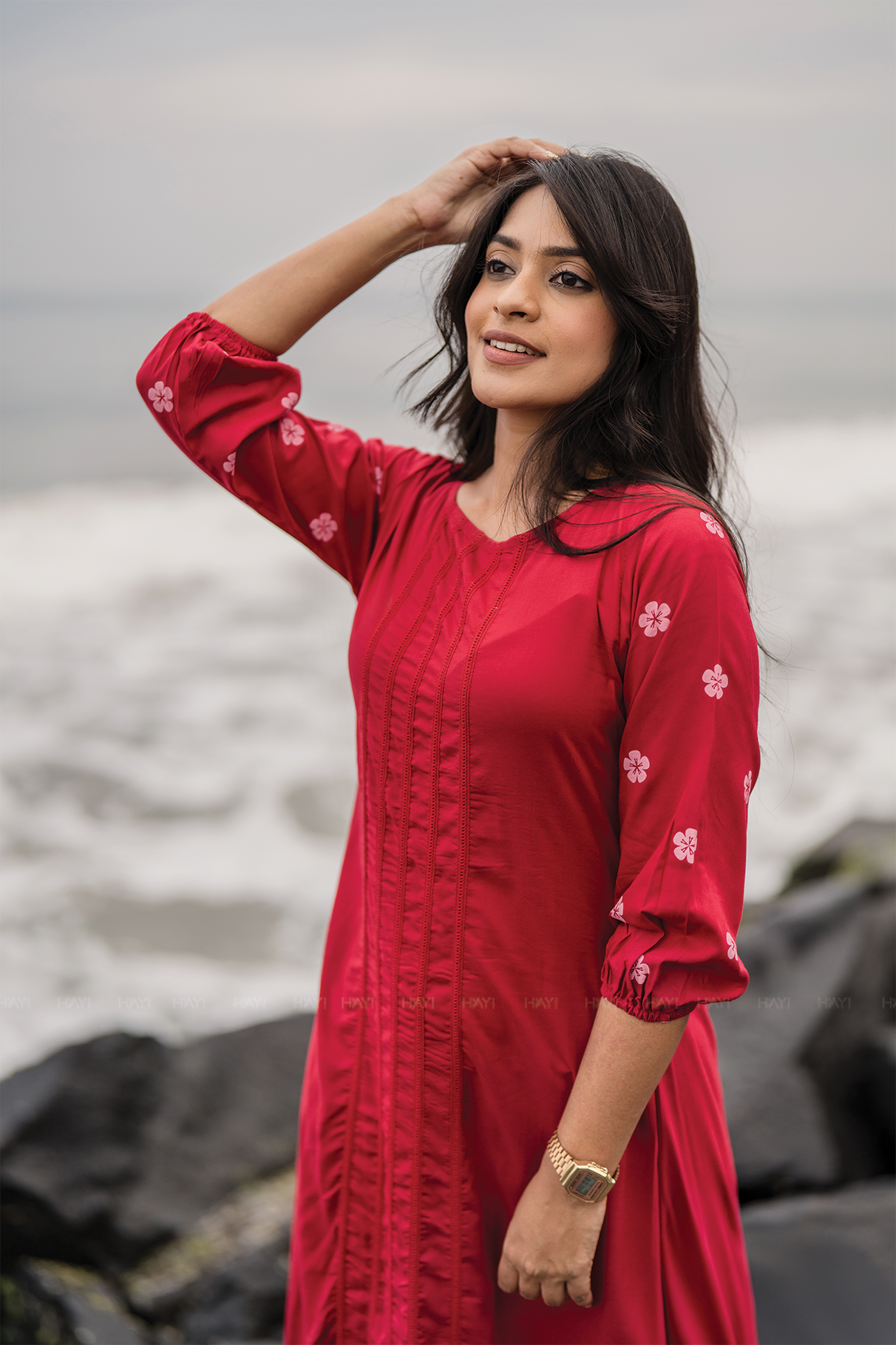Lava Red with Lacey Daisy printed Viscose A-line Dress
