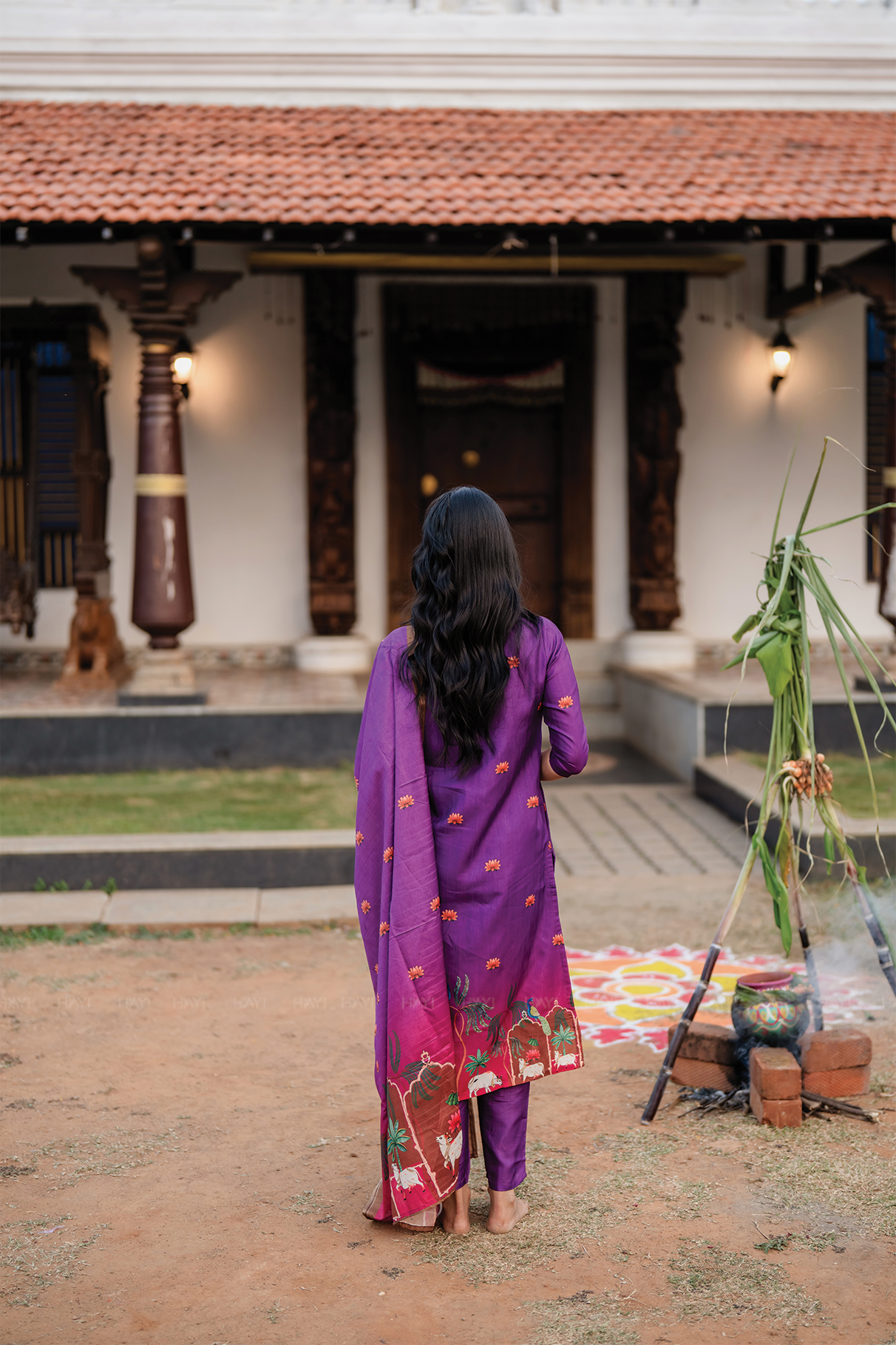 Ivanya Violet 3 Piece Tussar Silk Blend Printed Kurta with Pant &amp; Dupatta