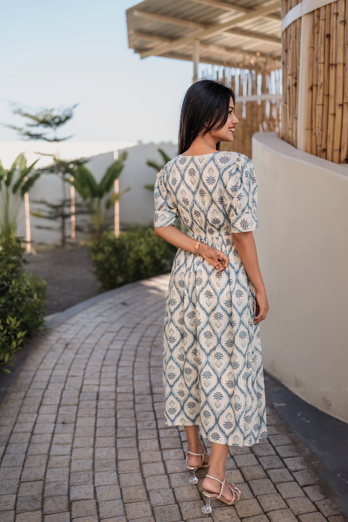 Eclora Off White Viscose Dress with Square Neck and Puff Sleeves