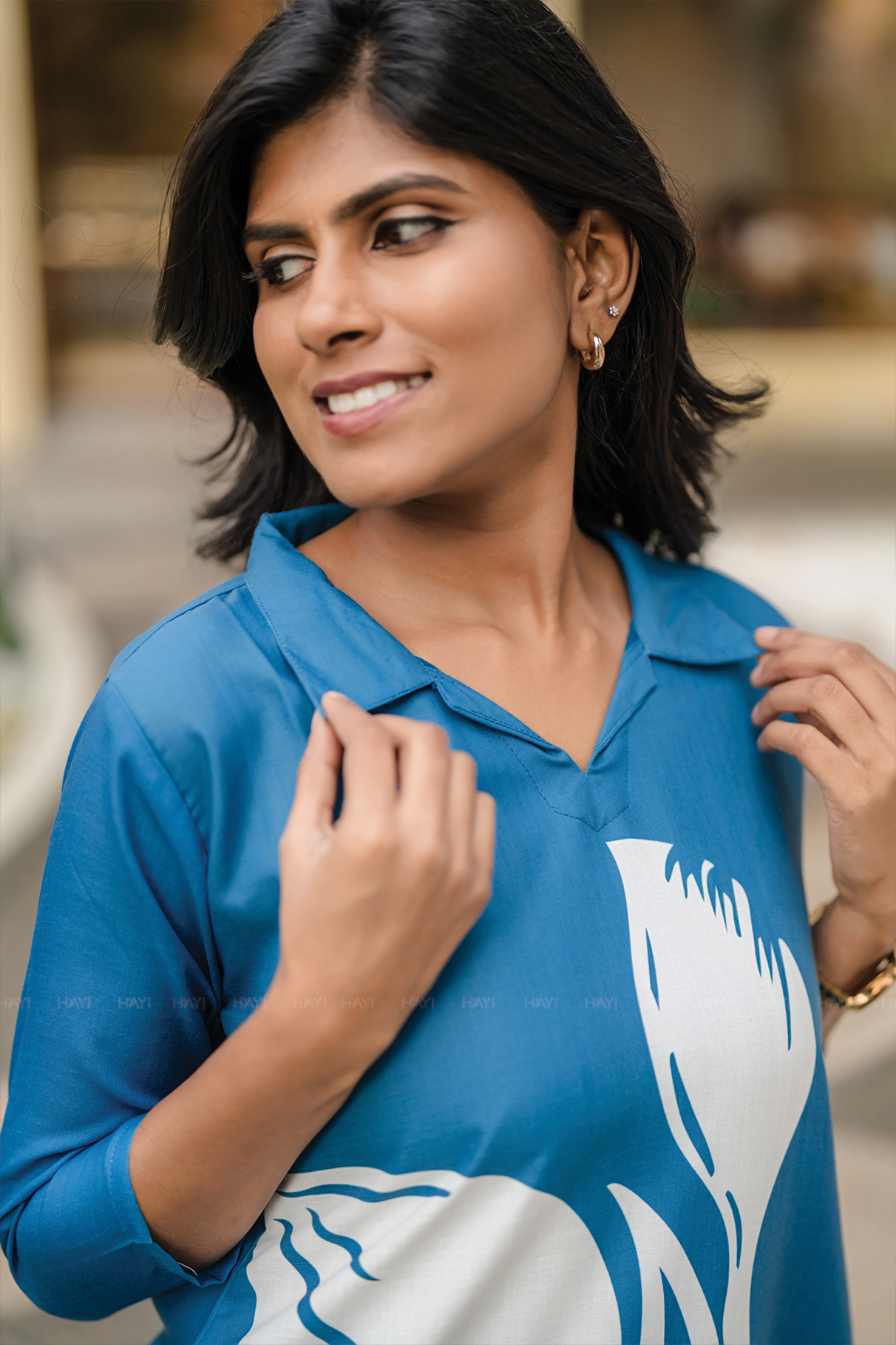 Moonbloom Stride Blue Linen Blend A-Line Kurta Set with Shirt Collar &amp; Placement Print