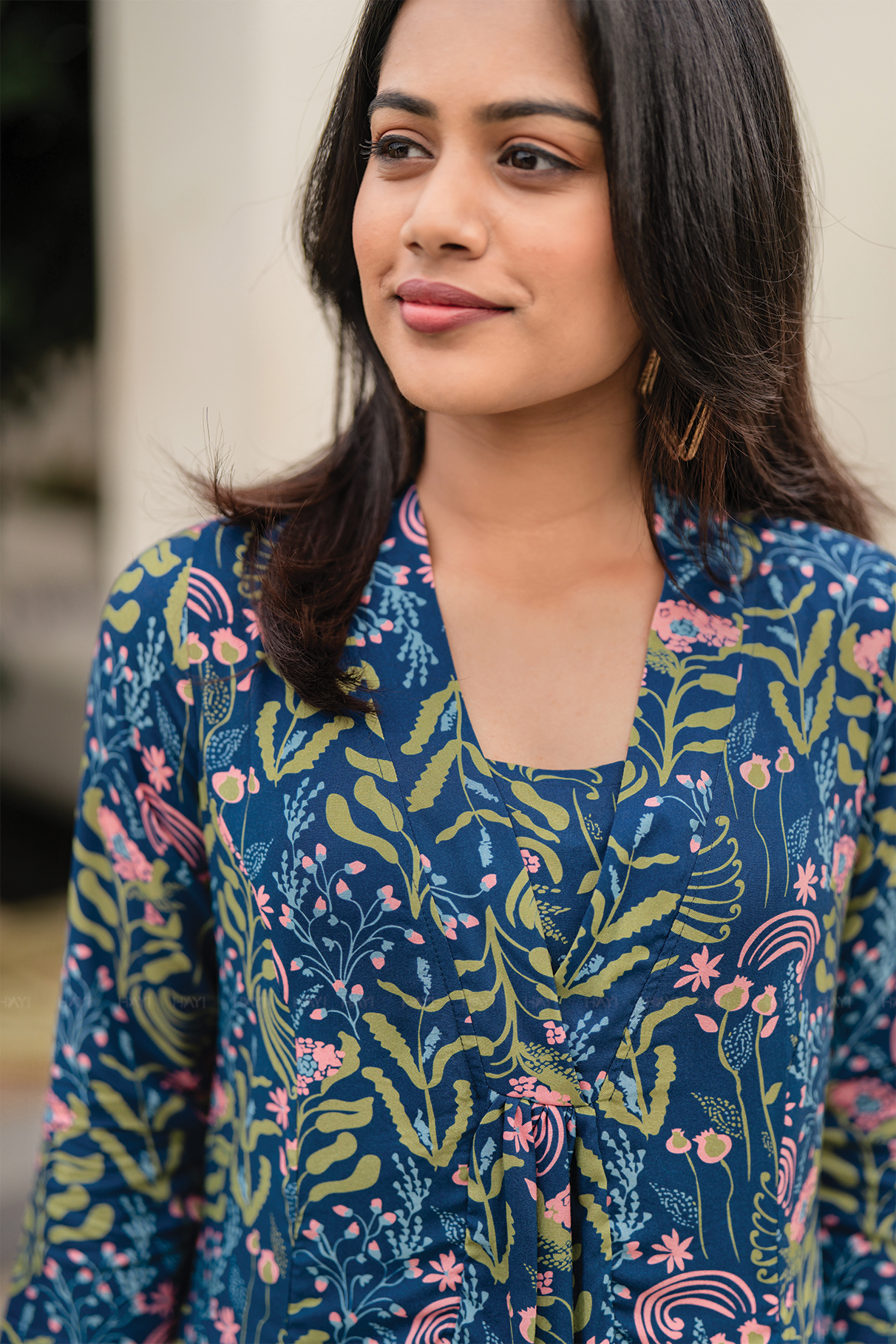 Verdant Muse Blue Viscose A-Line Kurta with V-Neck &amp; 3/4 Sleeves