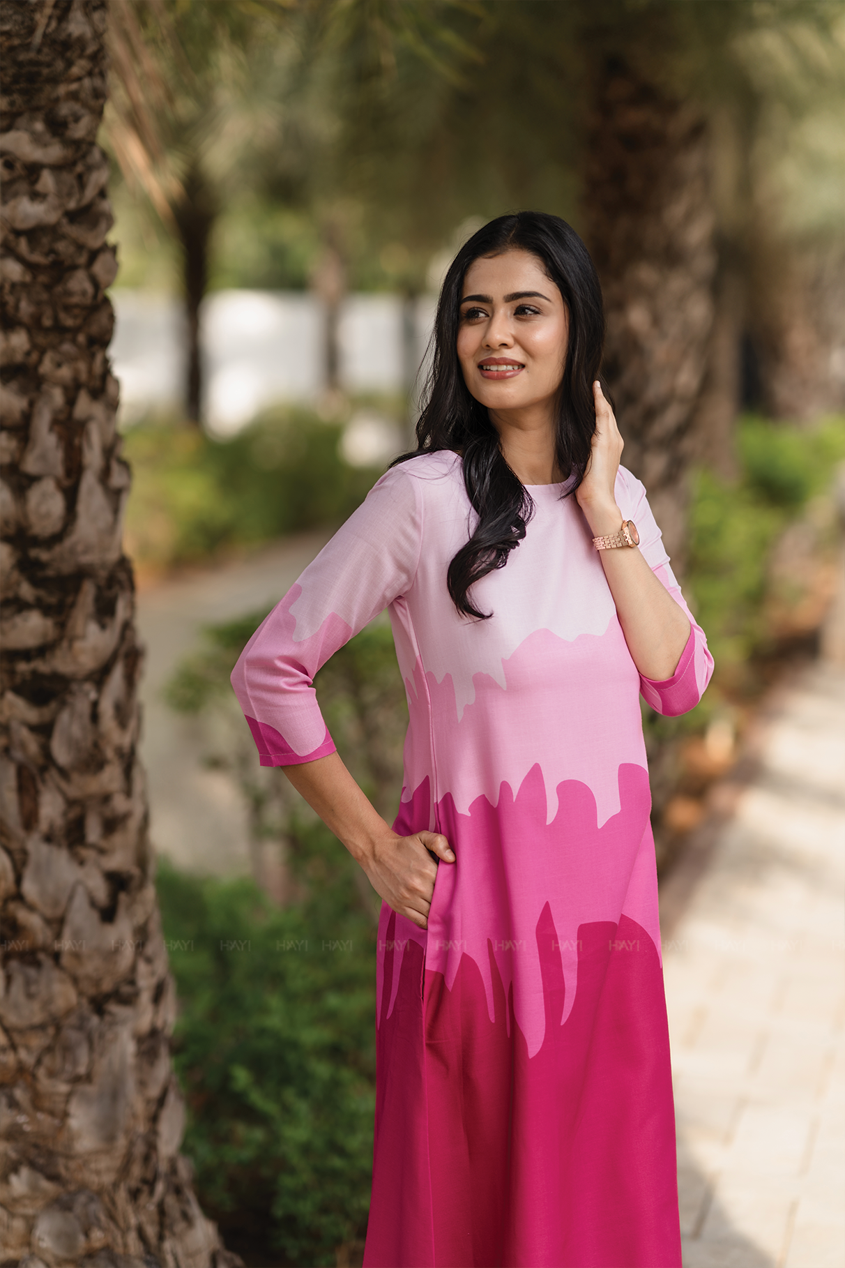 Blush Cascade Pink Linen Blend Dress with Boat neck &amp; Digital Placement Print