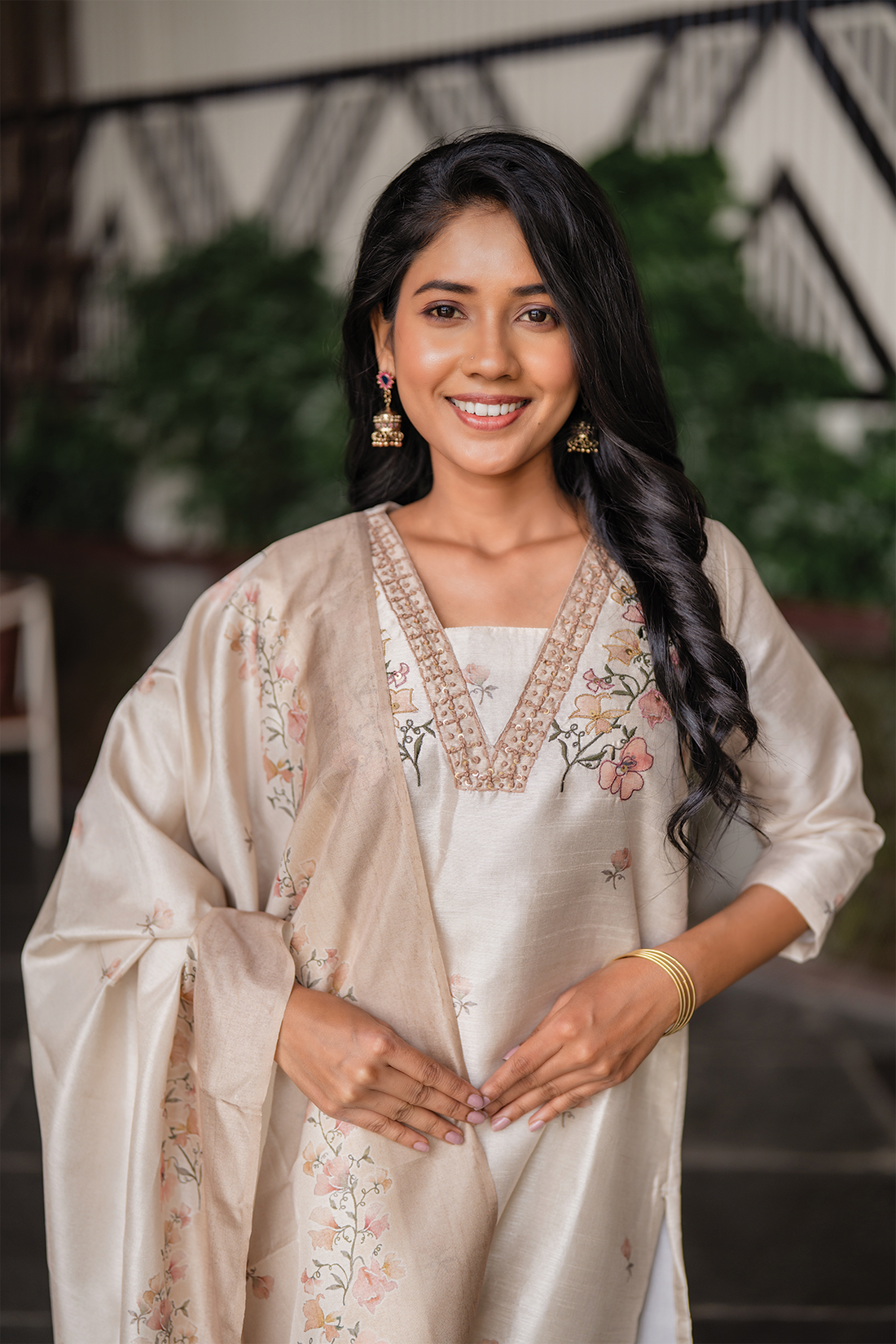 Ivory Grace Embroidered &amp; Printed 3 Piece Tussar Silk Blend Kurti Set with Dupatta