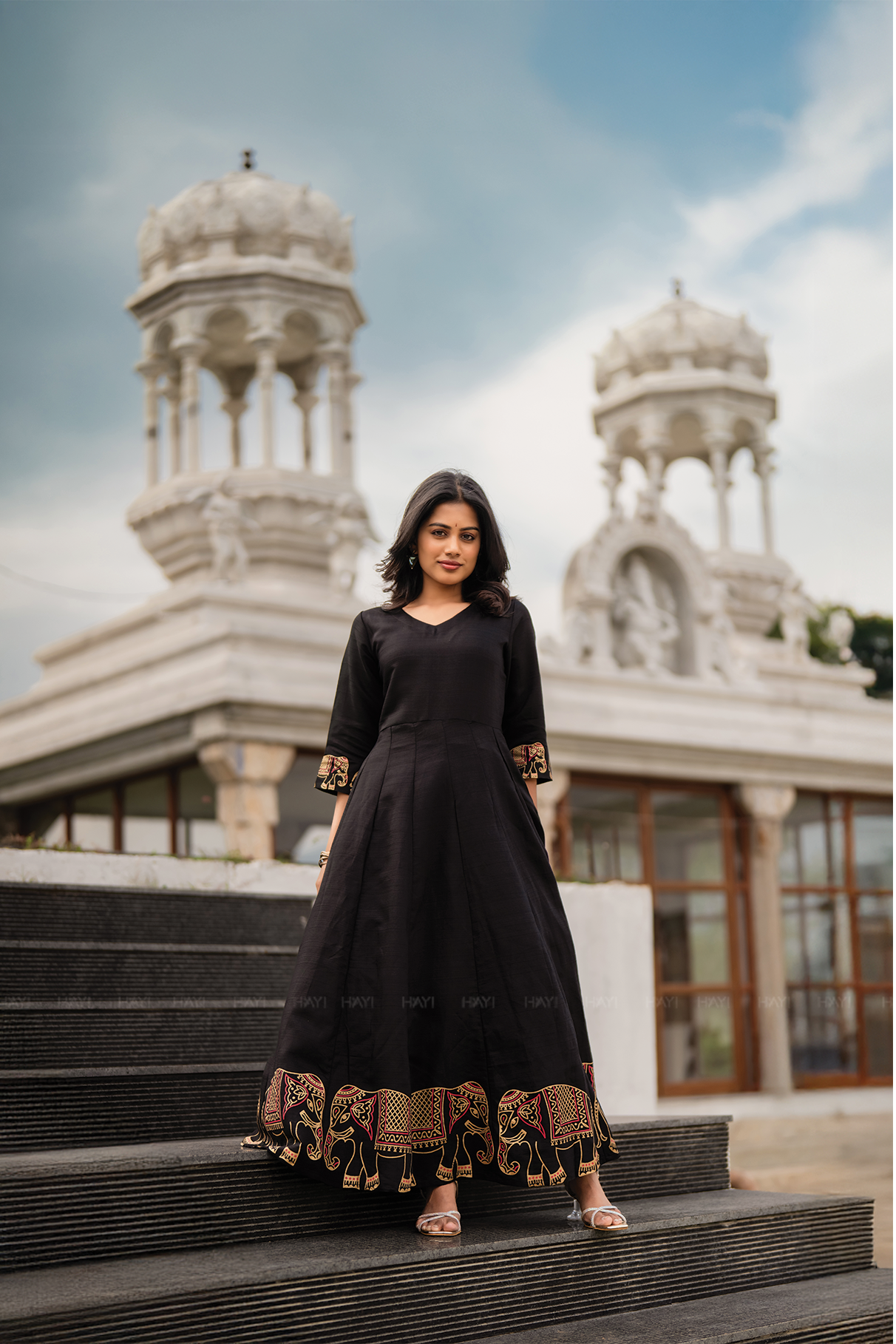 Elephora Black Viscose Foil Printed Anarkali with V-Neck &amp; 3/4 Sleeves