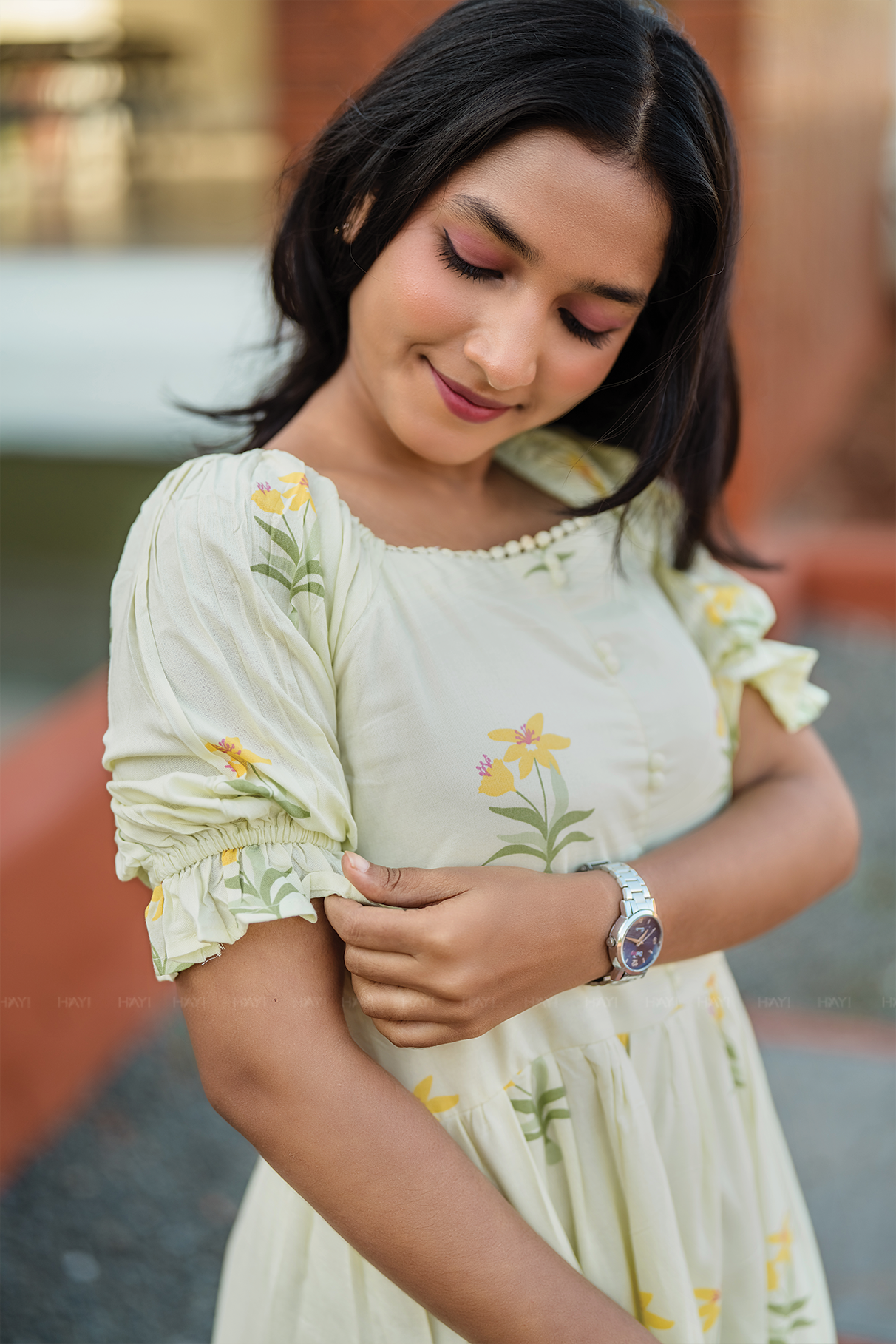 Florabelle Green Viscose Dress with Shoulder Elastic &amp; Frill Sleeves