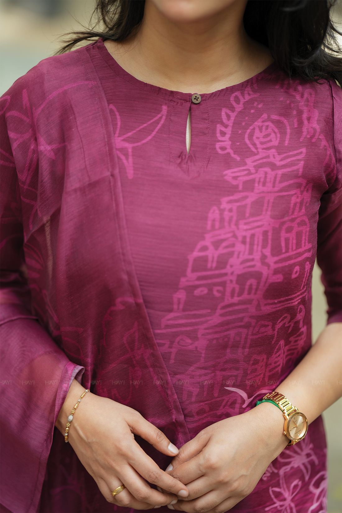 Gleam Wine with Live in Divine printed Chanderi Blend Kurta