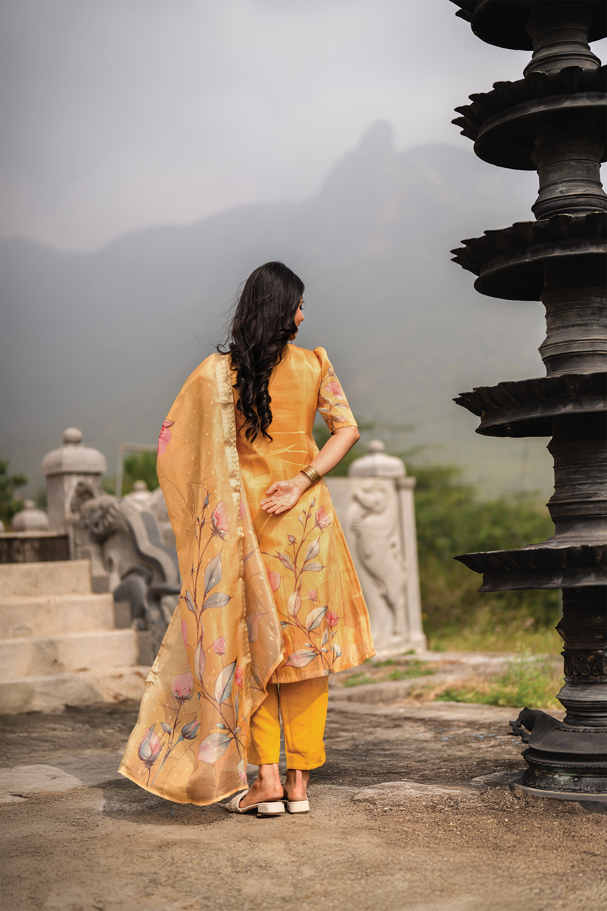 Floral Silkshine Yellow 3 Piece Shimmer Tissue Blend Floral Placement Printed Kurta with Pant &amp; Dupatta
