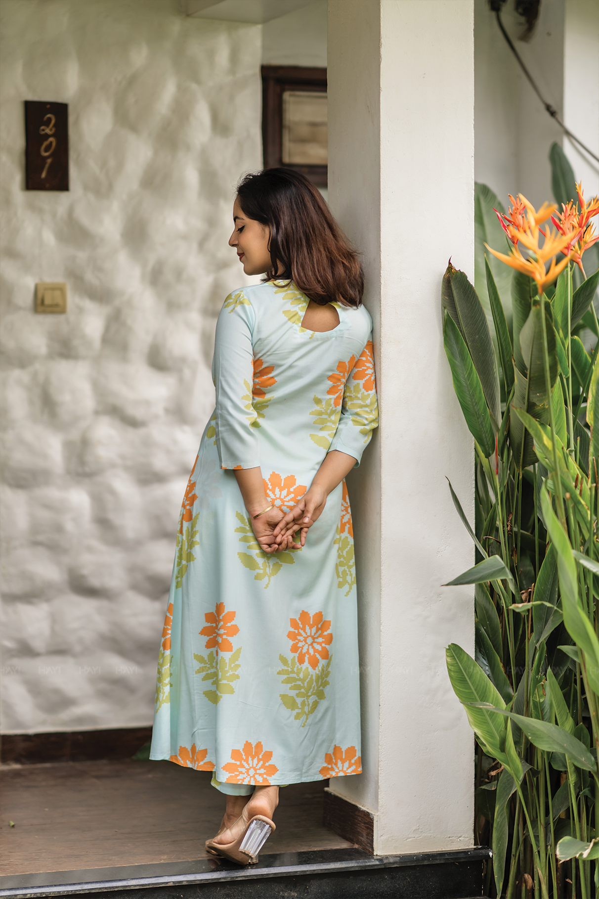 Aacral Blossom Blue Viscose Dress with Boat Neck &amp; Floral Print