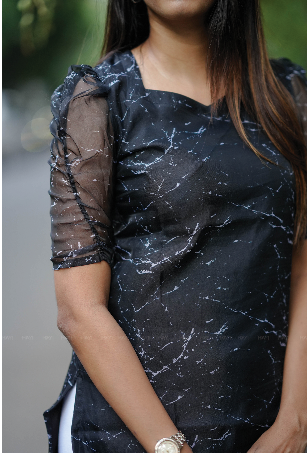 Fused Black with Silver Gleam printed Organza kurta