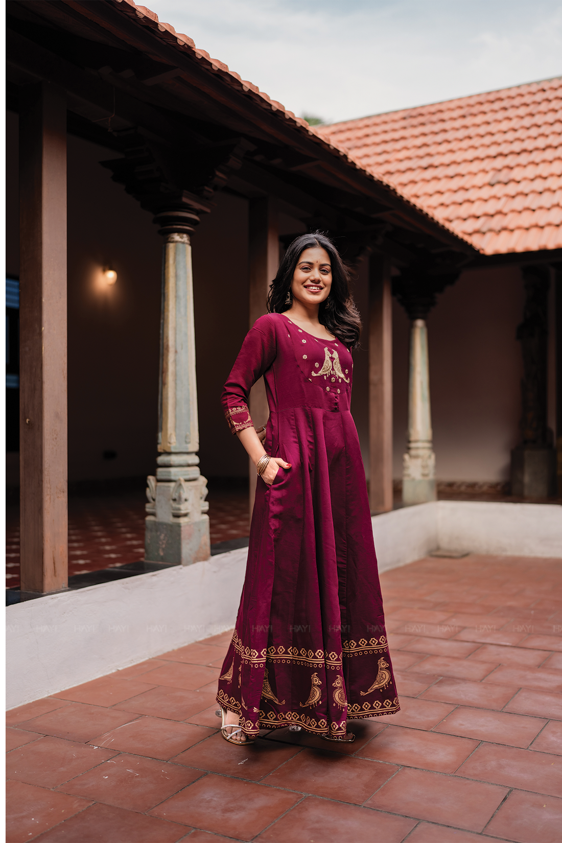 Birdveil Plum Viscose Placement Print Embroidered Anarkali with Round Neck &amp; 3/4th Sleeves