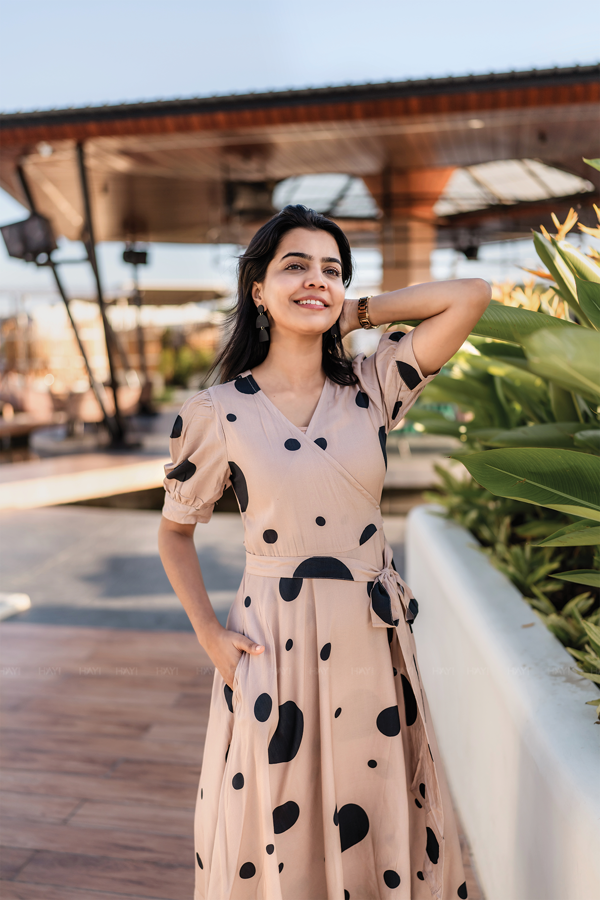 Desert Bubble Beige Viscose Wrap Dress with V-Neckline &amp; Light Puff Sleeves