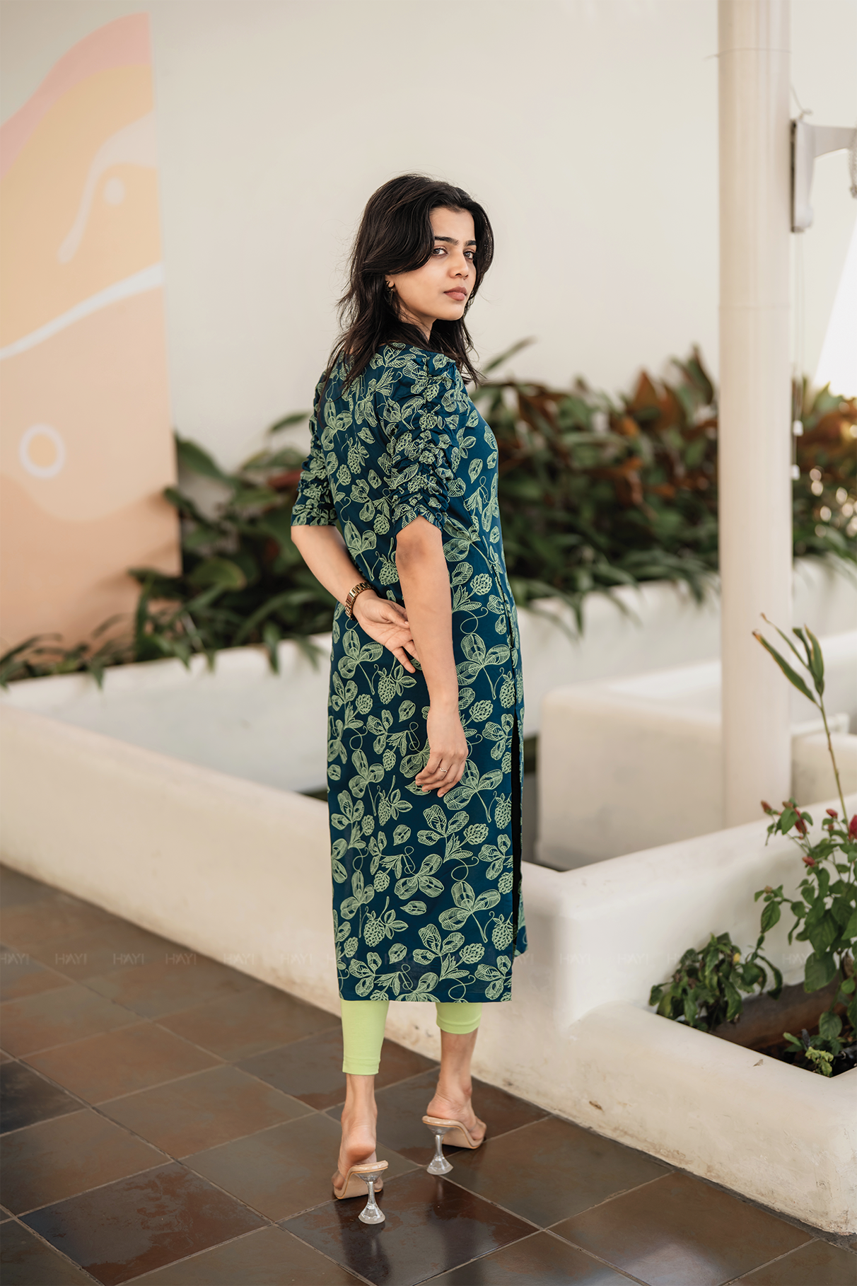 Pinecone Teal Blue Viscose Blend Kurti with Pot Neck &amp; Puff Sleeves